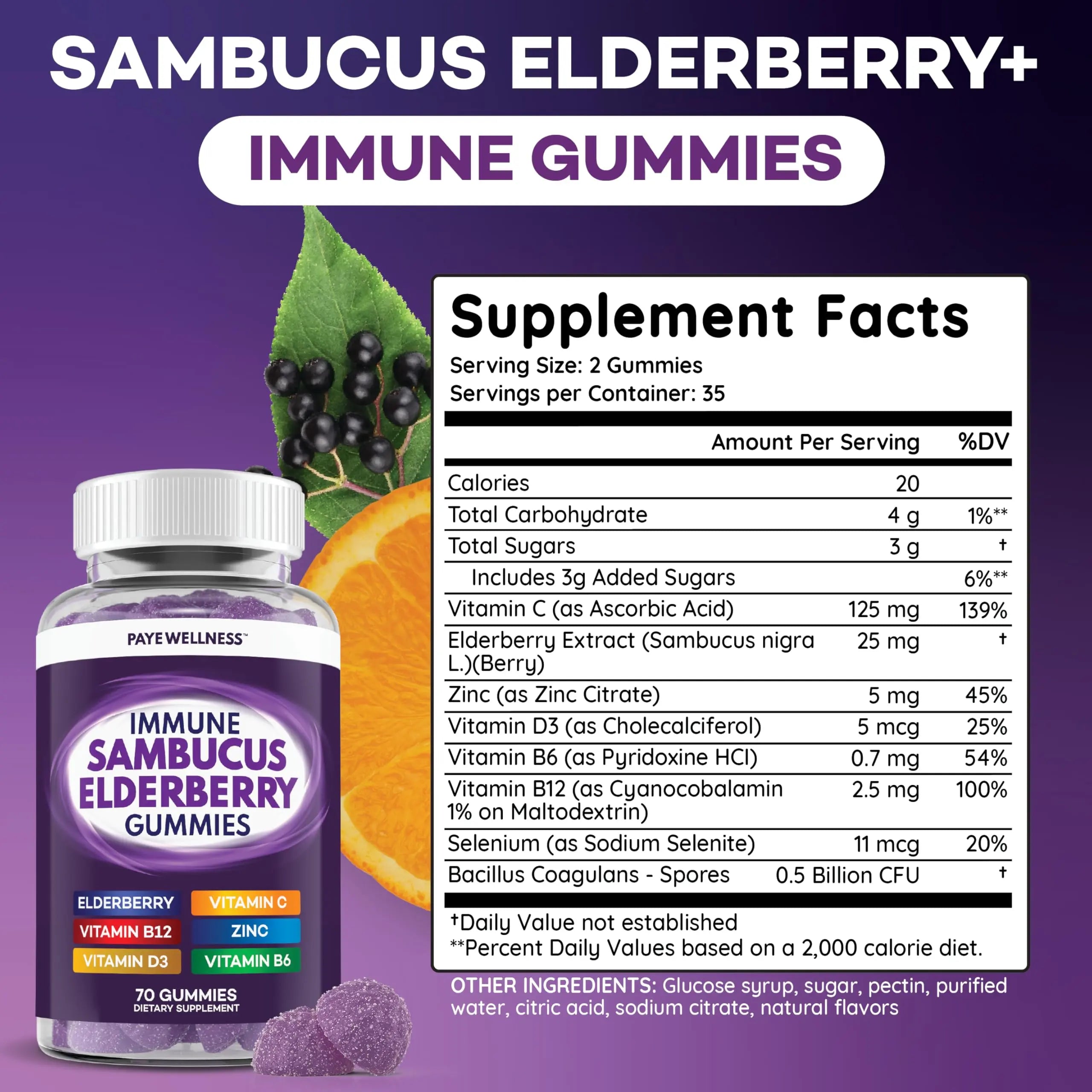 Elderberry Gummies Immune Support, Daily Support for Kids and Adults*, with Sambucus Elderberry, Zinc, Vitamin C, D3, B6, B12, Plus PAYÉ uk supplements
