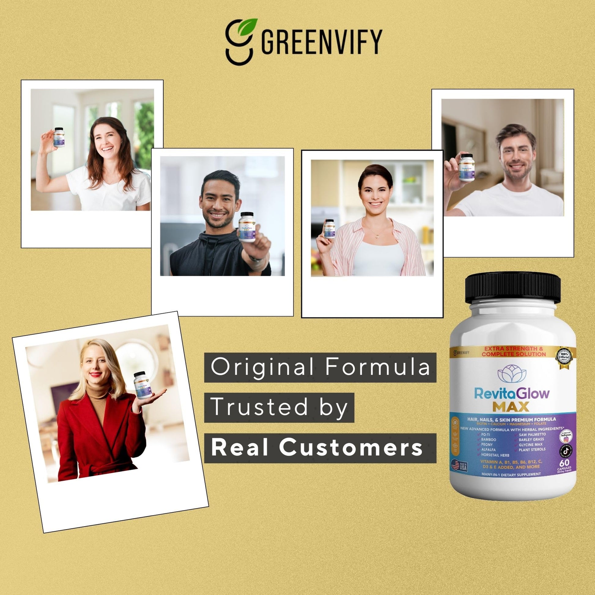 GREENVIFY RevitaGlow Max Hair, Nails & Skin Premium Formula, 60 Capsules, 30-Day Supply, with Biotin, Vitamins A, B1, B5, B6, B12, C, D3, E (1) GREENVIFY uk supplements