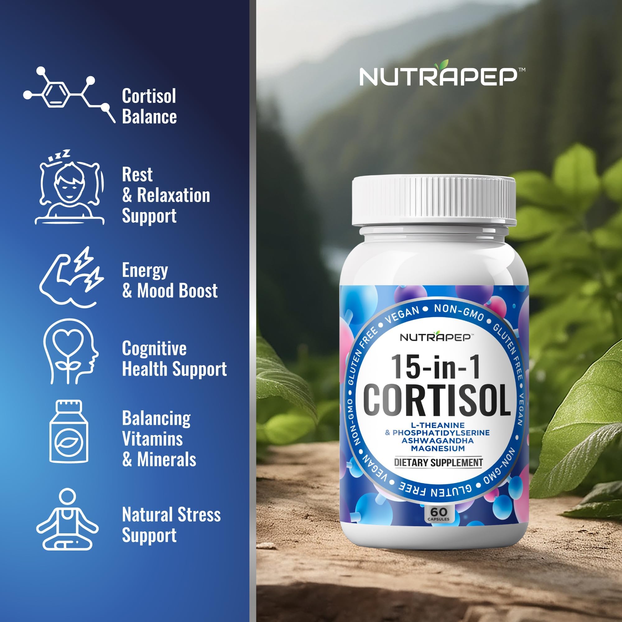 NutraPep Cortisol Detox Supplement Men Women - Reduce Lower Cortisol High Cortisol Reducer Blocker Control - Supports Stress Mood Rest Adrenal Calm Relax with Ashwagandha L-Theanine Magnesium NutraPep uk supplements