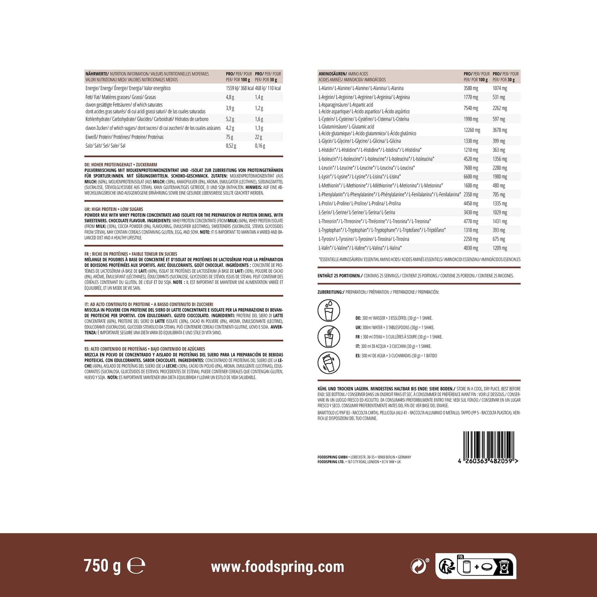 foodspring Whey Protein Powder Chocolate – with 22g Protein for Muscle Building, Perfect Solubility foodspring uk supplements