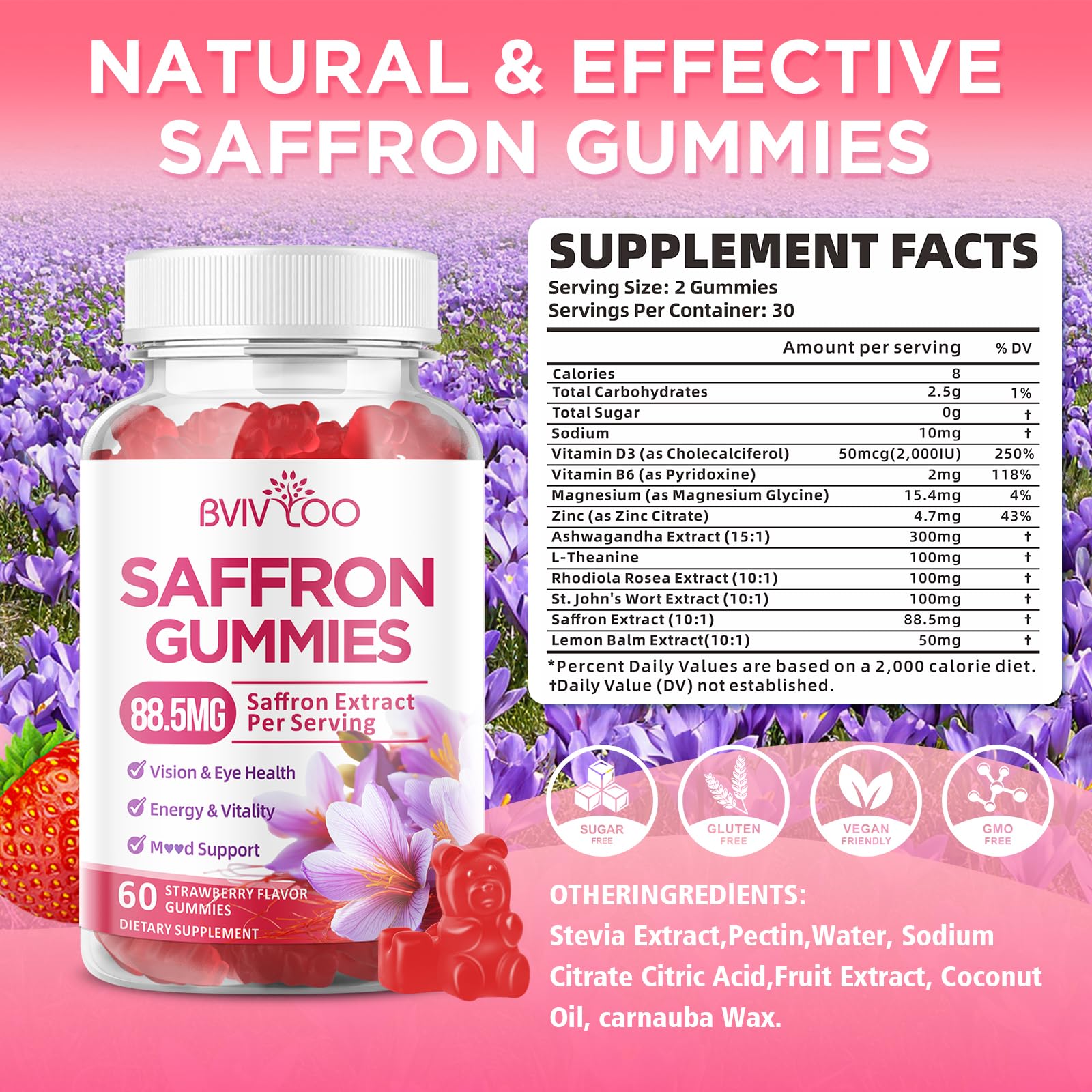 Saffron Gummies for Adult Kids, 10-IN-1 Formula with Saffron 88.5mg, Vitamins D3 & B6, Magnesium, Zinc, Ashwagandha, L-Theanine, St. John's Wort - Supports Mood & Focus, Strawberry Flavor, 60 Count BVIVLOO uk supplements