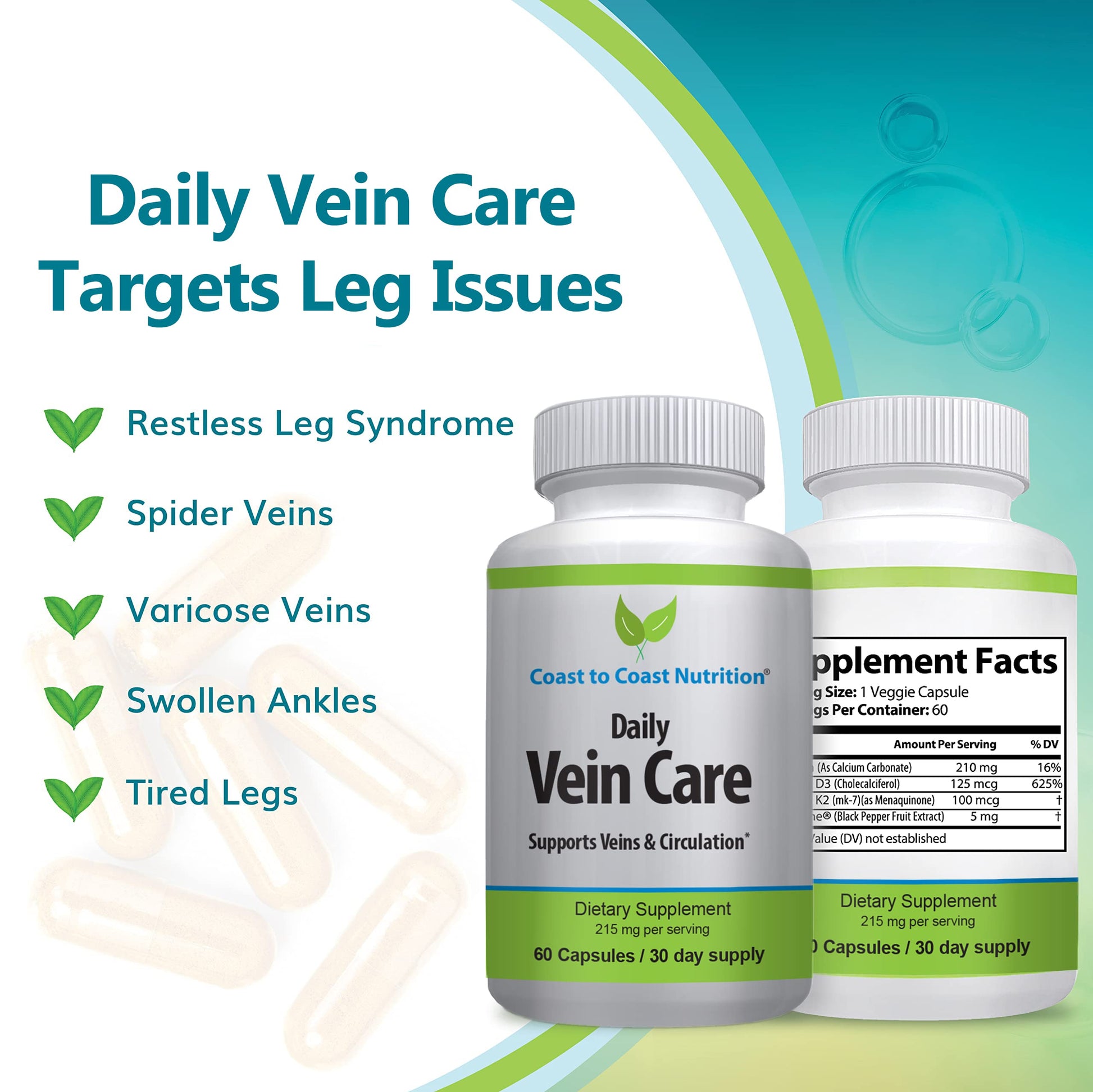 Coast to Coast Nutrition Daily Vein Care Supplement Capsules — Circulation Formula with a Natural Blend of Calcium, Vitamin D3, Vitamin K2 Plus BioPerine for Max Absorption Vein Formula — 60 Capsules Coast to Coast Nutrition uk supplements