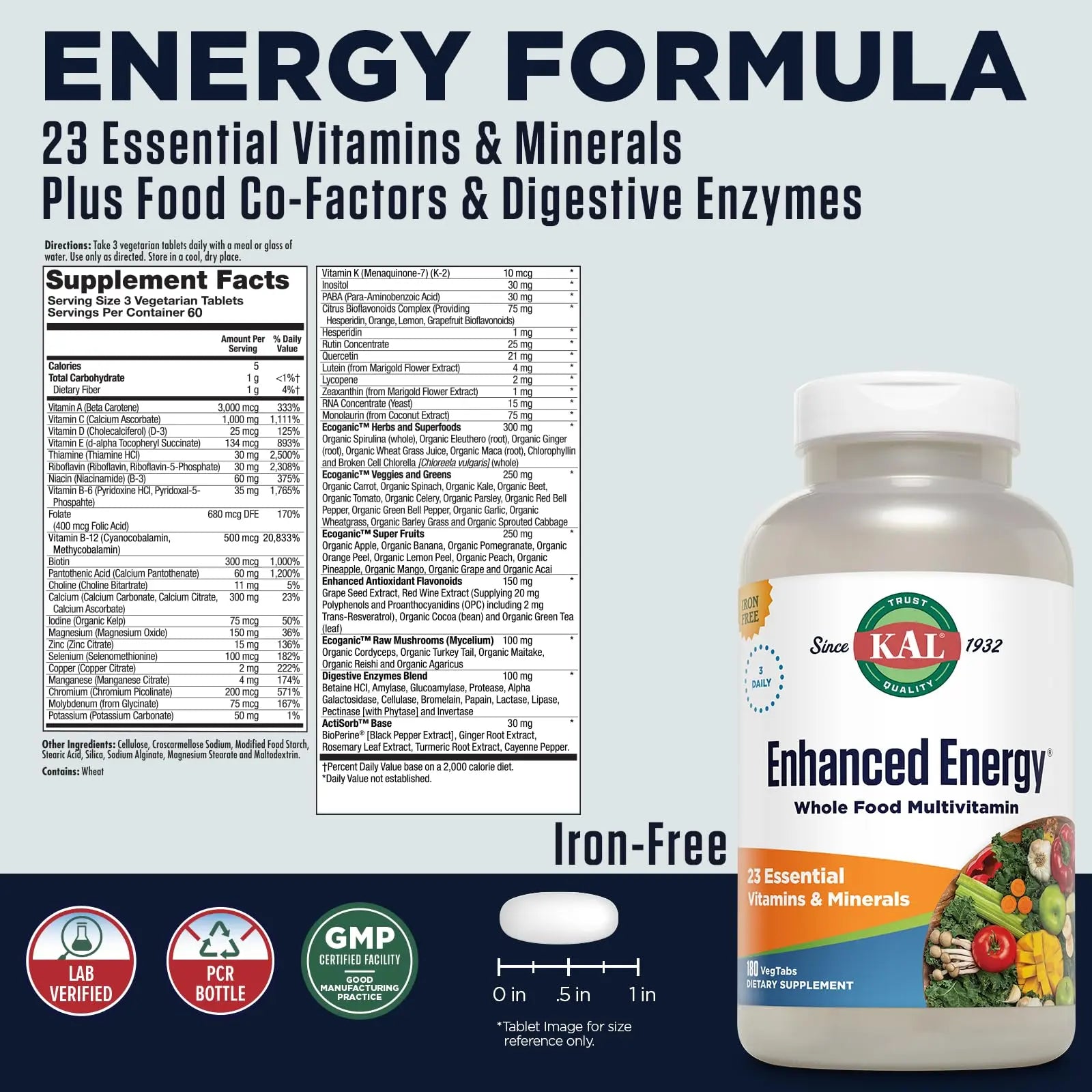 KAL® Enhanced Energy Multivitamin | Whole Food Based Vitamins & Minerals w/ Antioxidants, Digestive Enzymes & Natural Carotenoids | 180 Capsules KAL uk supplements