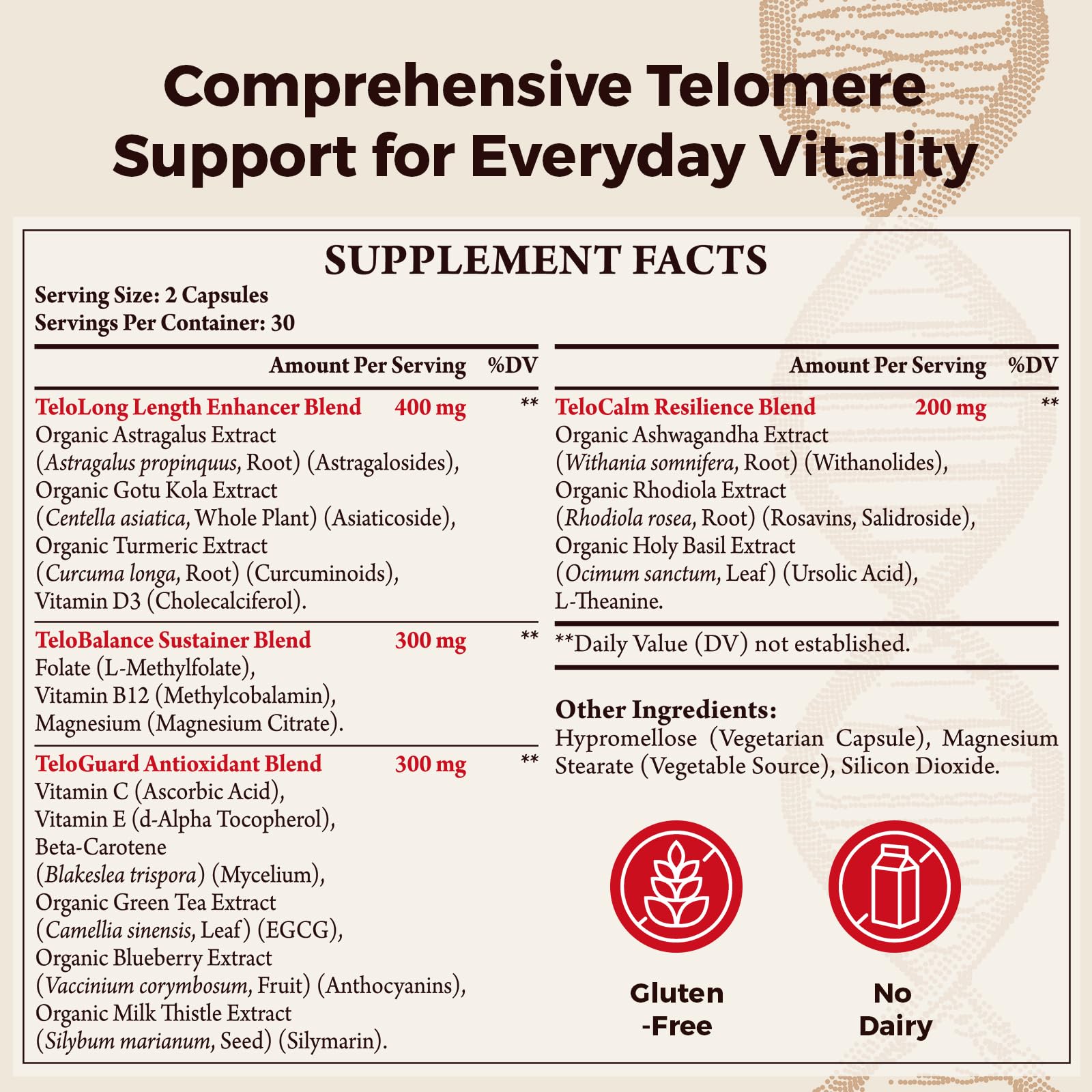 Telomere Lengthening Supplements – Organic Astragalus, Gotu Kola, Vitamin D3, Folate, L-Theanine – Anti-Aging, DNA Repair, Immune & Cellular – 60 Vegan Capsules, Made in Japan (1 Bottle) Orinthalixium uk supplements