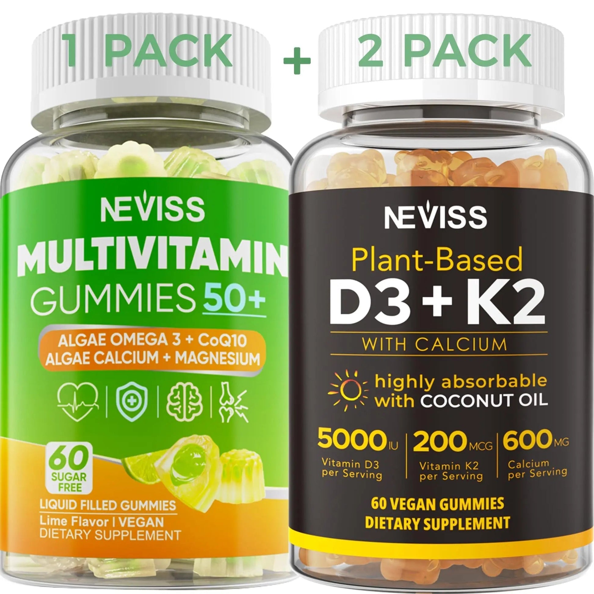 NEVISS 50+ Daily Gummy Multivitamin Algae Omega 3 & Calcium, CoQ10, Magnesium + Vitamin D3 5000IU Gummies 125mcg with Calcium 600mg, K2(MK7) 200mcg NEVISS uk supplements