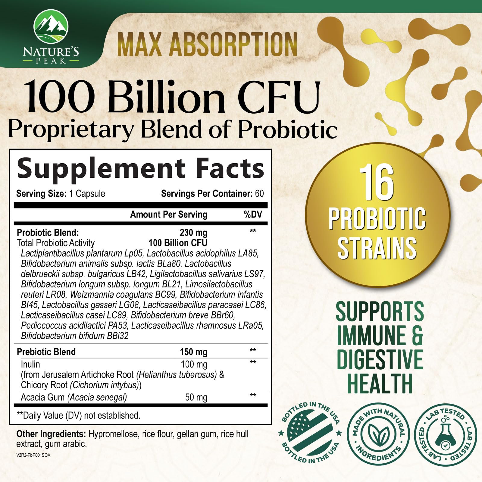 Probiotics 100 Billion CFU Per Serving - 16 Premium Probiotic Strains Prebiotics - Immune Support, Gut Health, Occasional Constipation, Gas & Bloating, Probiotics Supplement, USA Bottled, 60 Capsules Nature's Peak uk supplements