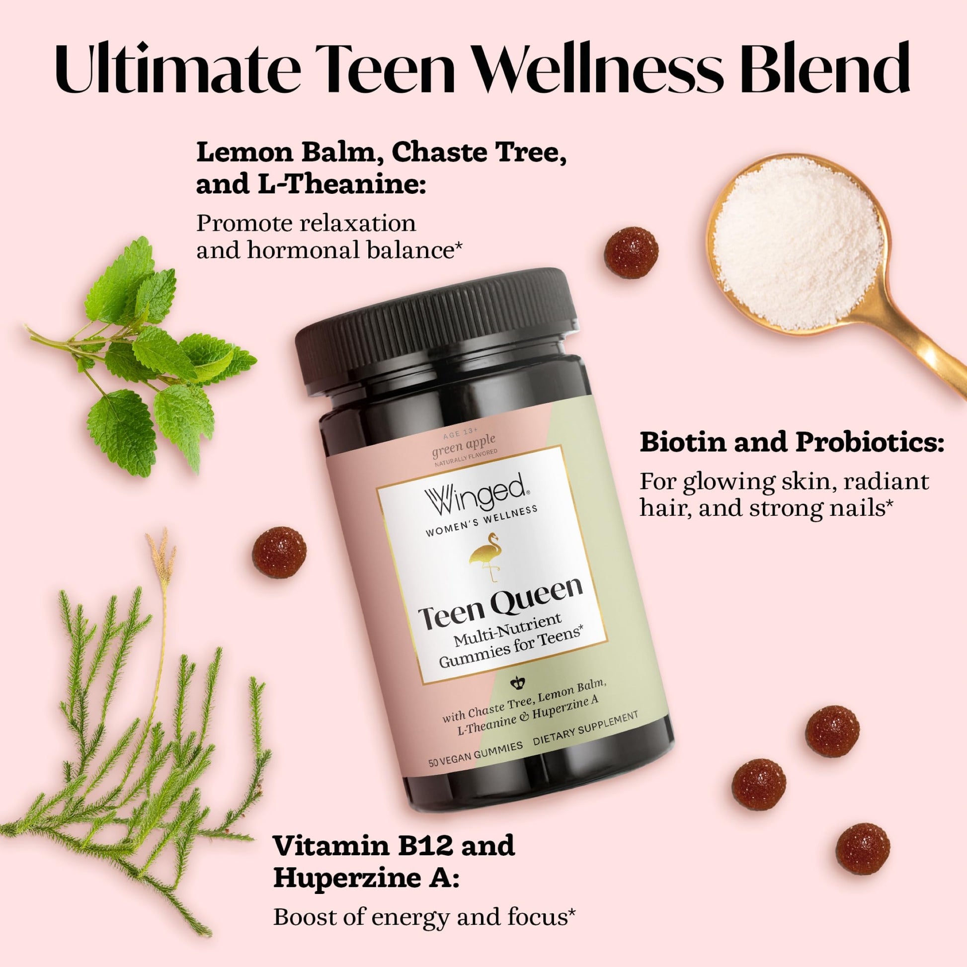 Winged Wellness Multivitamin Gummies for Teen Girls - Teen Vitamins for Mood & Hormonal Health - Vegan Gummy Supplement with Chaste Tree, Lemon Balm, L-Theanine, Probiotics & Biotin - 50 Gummies Winged Wellness uk supplements