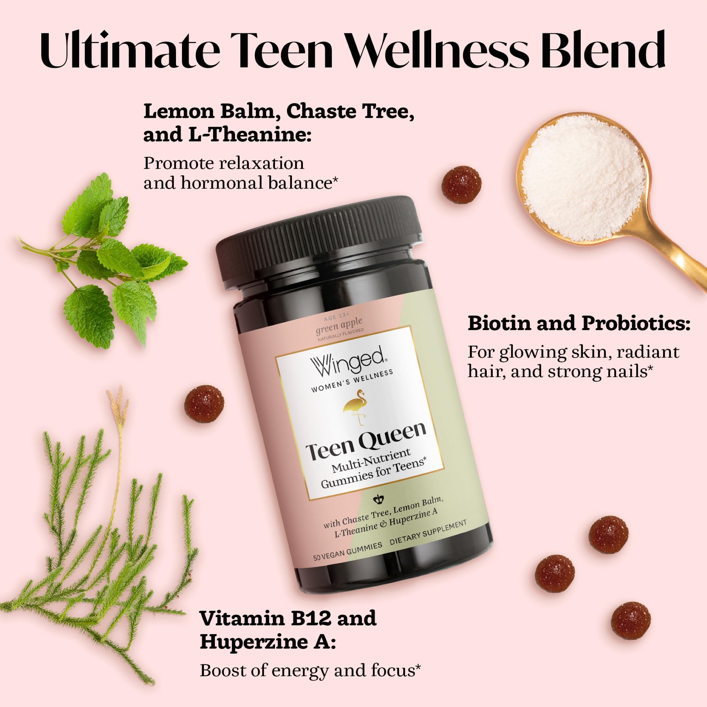 Winged Wellness Multivitamin Gummies for Teen Girls - Teen Vitamins for Mood & Hormonal Health - Vegan Gummy Supplement with Chaste Tree, Lemon Balm, L-Theanine, Probiotics & Biotin - 50 Gummies Winged Wellness uk supplements
