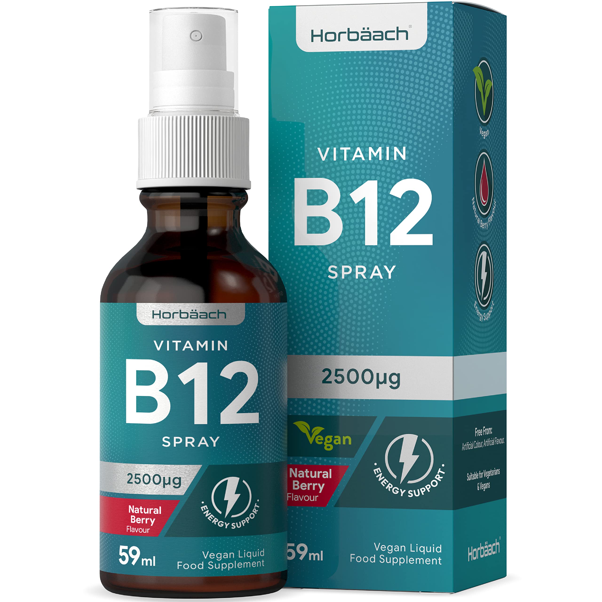 Vitamin B12 Spray 2500mcg | 59ml | High Strength Supplement | Natural Berry Flavour Horbäach uk supplements