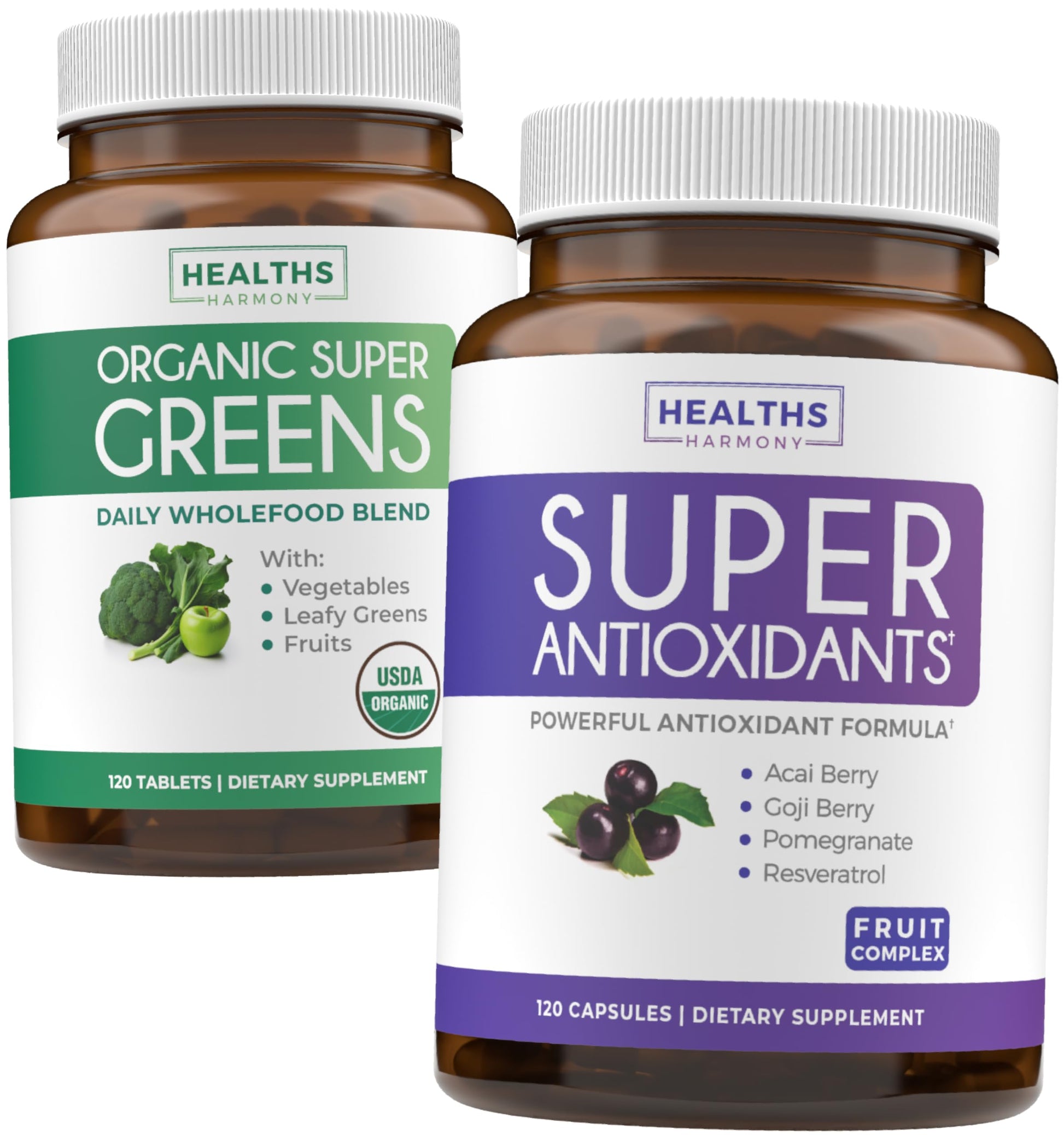 Super Greens & Antioxidants (2-Month Supply) Antioxidant Power Greens Bundle of Organic Super Greens Powder - Complete Superfood (120 Capsules) & Super Antioxidants - Powerful Superfood (120 Capsules) Healths Harmony uk supplements