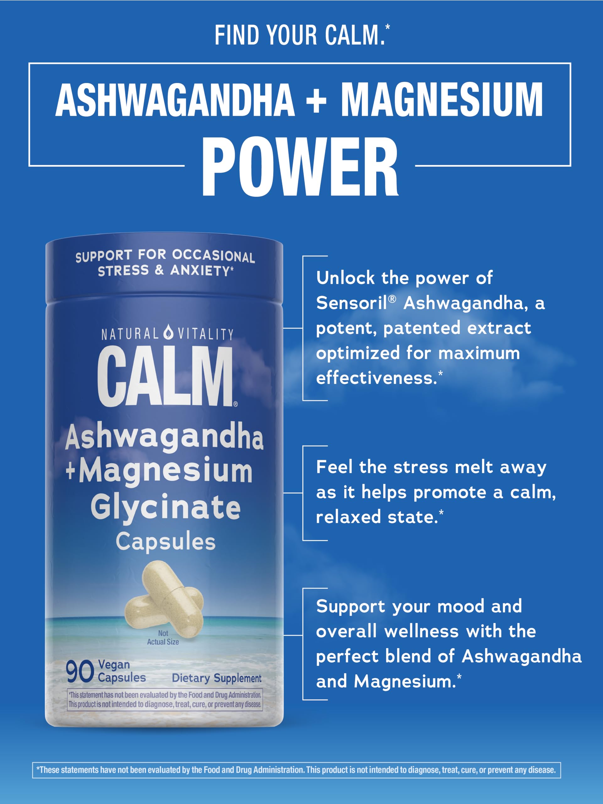 Natural Vitality Calm Ashwagandha + Magnesium Glycinate Capsules | Support for Occasional Stress & Anxiety | Gluten Free Supplement | 90 Count Natural Vitality uk supplements