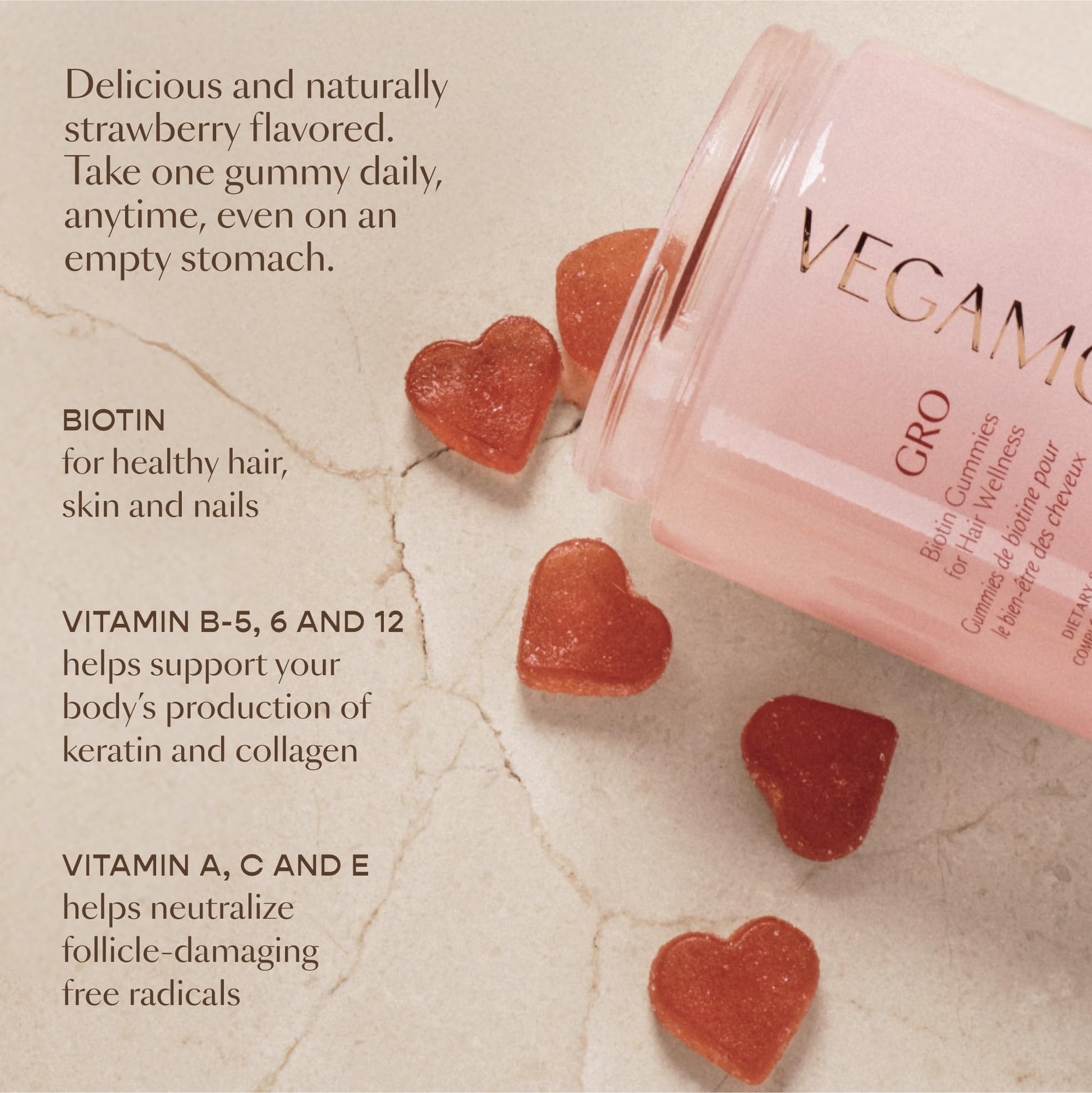 VEGAMOUR GRO Biotin Gummies, Strawberry Flavor with 5000 mcg Biotin, Supports Healthy Hair Vegan Gummies with Vitamins A, B, C, E, B-12 & More, 30 Ct VEGAMOUR uk supplements