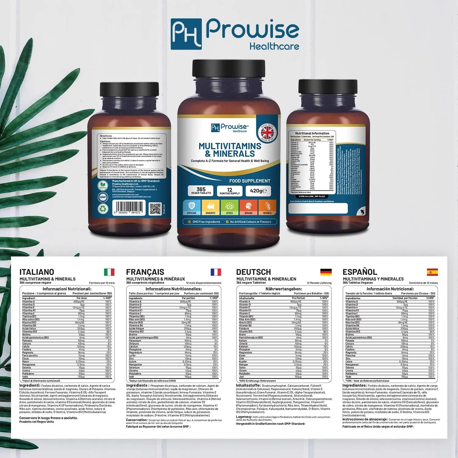 A-Z Multivitamins & Minerals I 365 Vegan Tablets (1 Year Supply) I 26 Essential Active Vitamins, Minerals & Micronutrients PH PROWISE Healthcare uk supplements