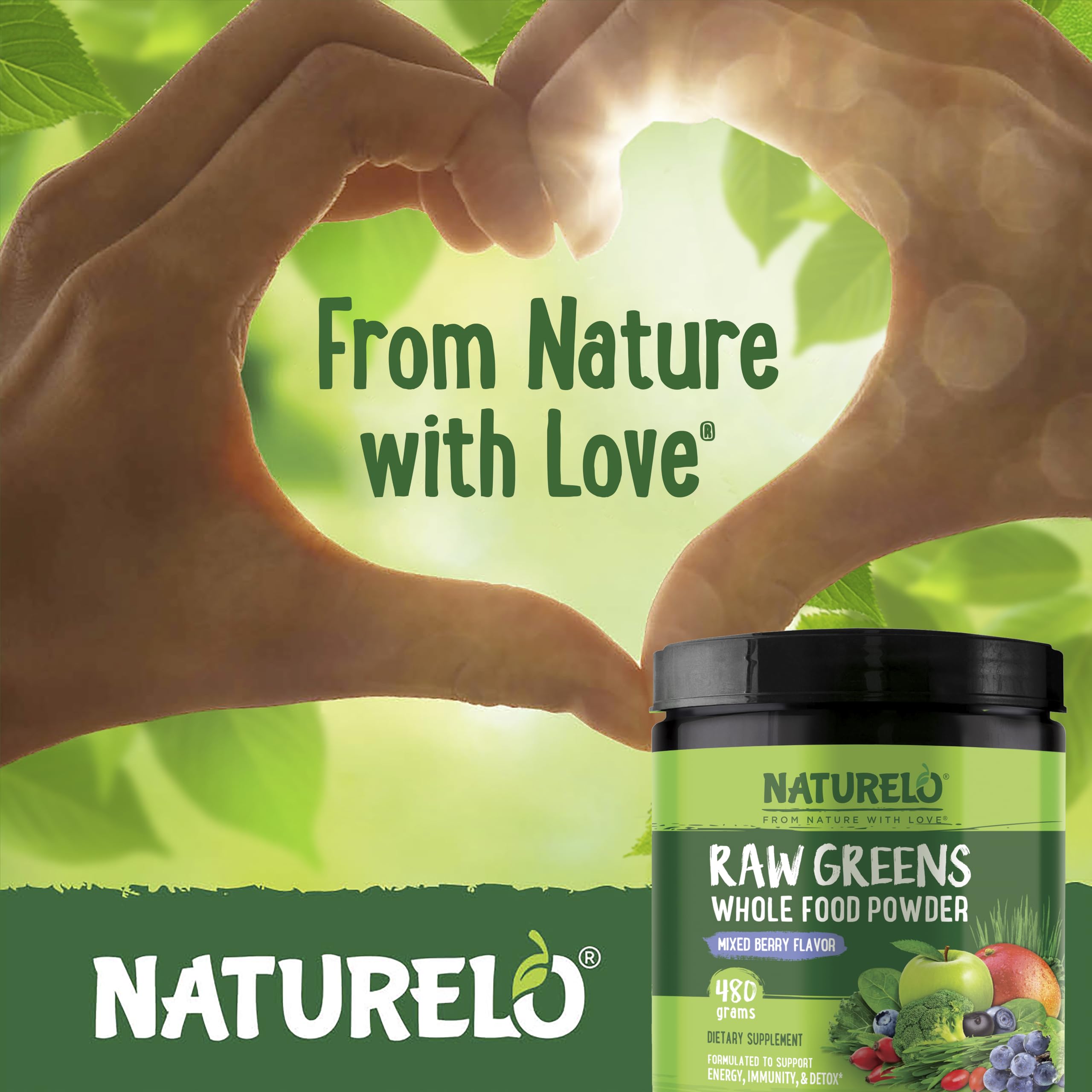 NATURELO Raw Greens Superfood Powder 480 Grams, Mixed Berry - Supports Energy, Immunity and Detox - Includes Spirulina, Wheat Grass and Organic