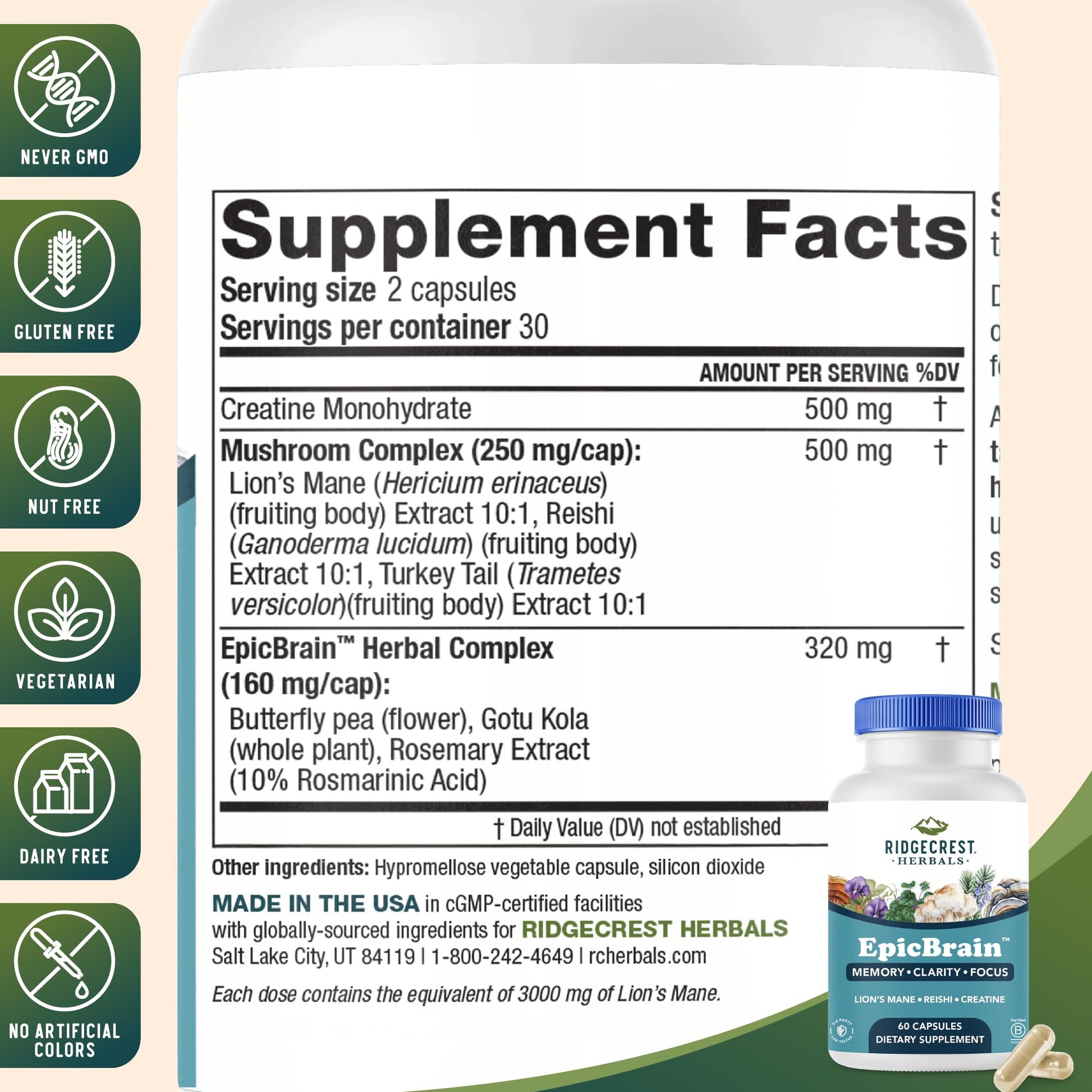 RidgeCrest Herbals EpicBrain, Natural Brain Support Supplement with Creatine Monohydrate, Lion's Mane, Reishi, Supports Mental Clarity, Memory, Focus, Stimulant-Free Nootropic (60 Count, 30 Servings) RidgeCrest Herbals uk supplements
