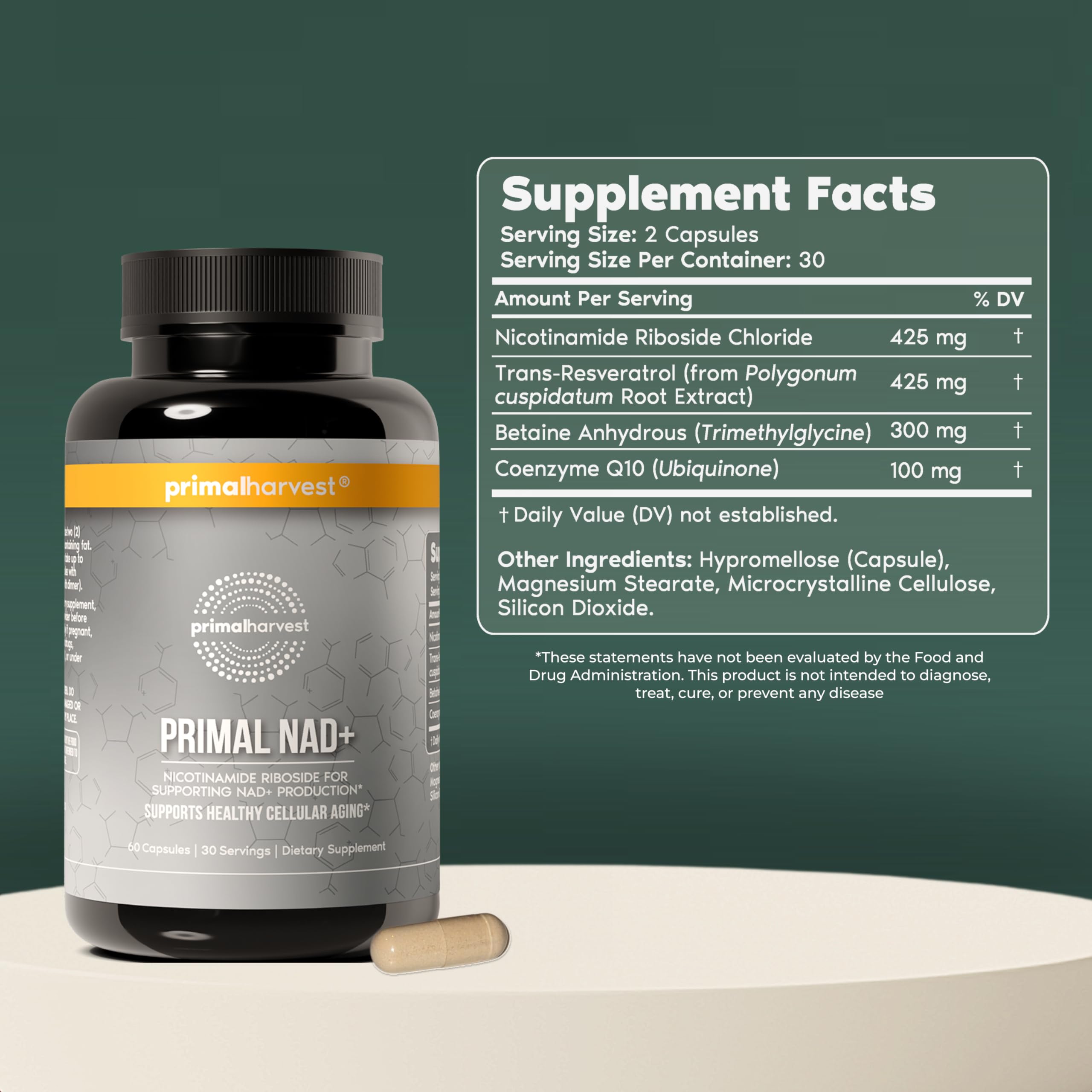 Primal Harvest NAD+ Supplement: Nicotinamide Riboside, Trans-Resveratrol, Betaine, CoQ10, NAD Supplements for Cellular Health, Energy, and Mitochondrial Support (60 Count (1 Pack) Primal Harvest uk supplements
