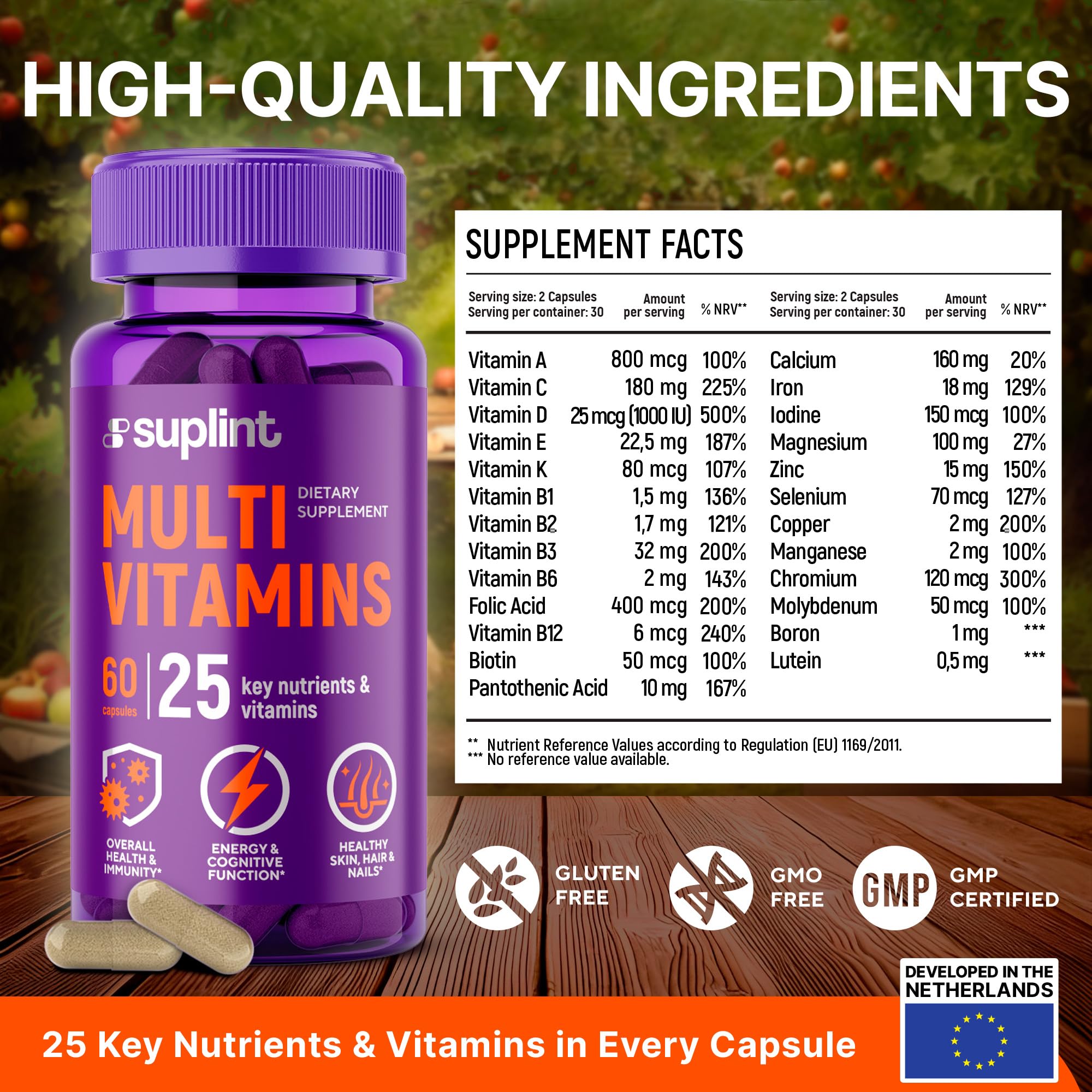 Multivitamin Supplement | Complex with Vitamin A, C, D, E, K1, B, Zinc & Chromium | Hair, Skin & Nail Beauty Vitamins | Immune Support Supplements for Men & Women | 60 Capsules SUPLINT uk supplements