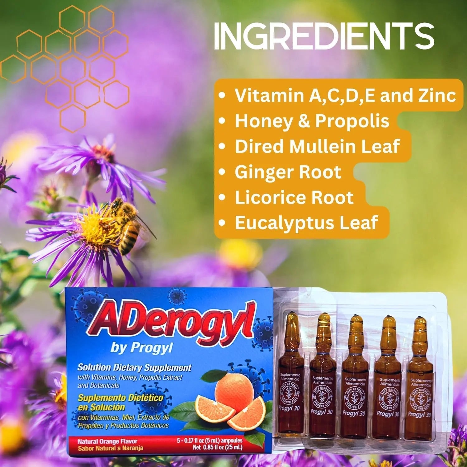 Aderogyl Oral Liquid Vitamins with A, C, D, E, Zinc, Bee Honey, Propolis, and Botanical Extracts - Natural Orange Flavor Aderogyl uk supplements