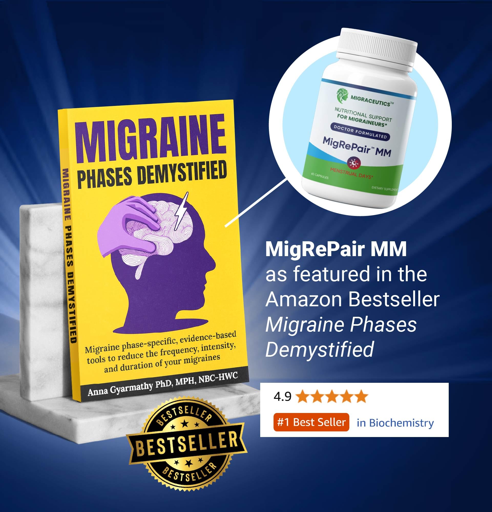 MigRePair MM Bottle of 60 - Doctor Formulated Natural Herbal Migraine Supplement for Women, Menstrual Migraine Relief, Hormonal Migraine Support with Feverfew, White Willow Bark Pine Bark & Grape Seed Migraceutics uk supplements
