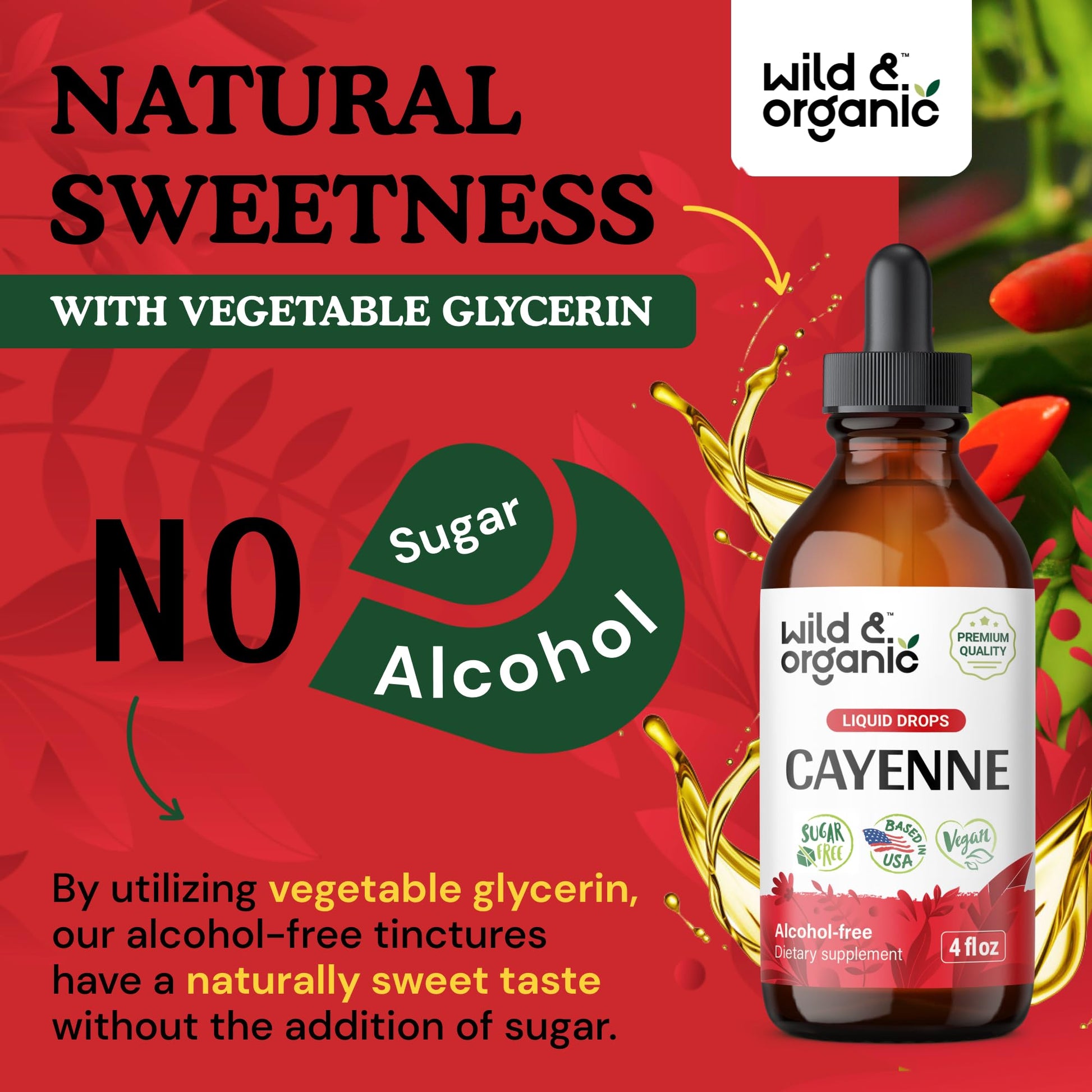 Wild & Organic Cayenne Pepper Tincture - Digestive Support with Capsaicin Extract - Cayenne Pepper Liquid Drops for Overall Well-Being - Unflavored, Vegan, Sugar & Alcohol-Free - 4 fl oz Wild & Organic uk supplements