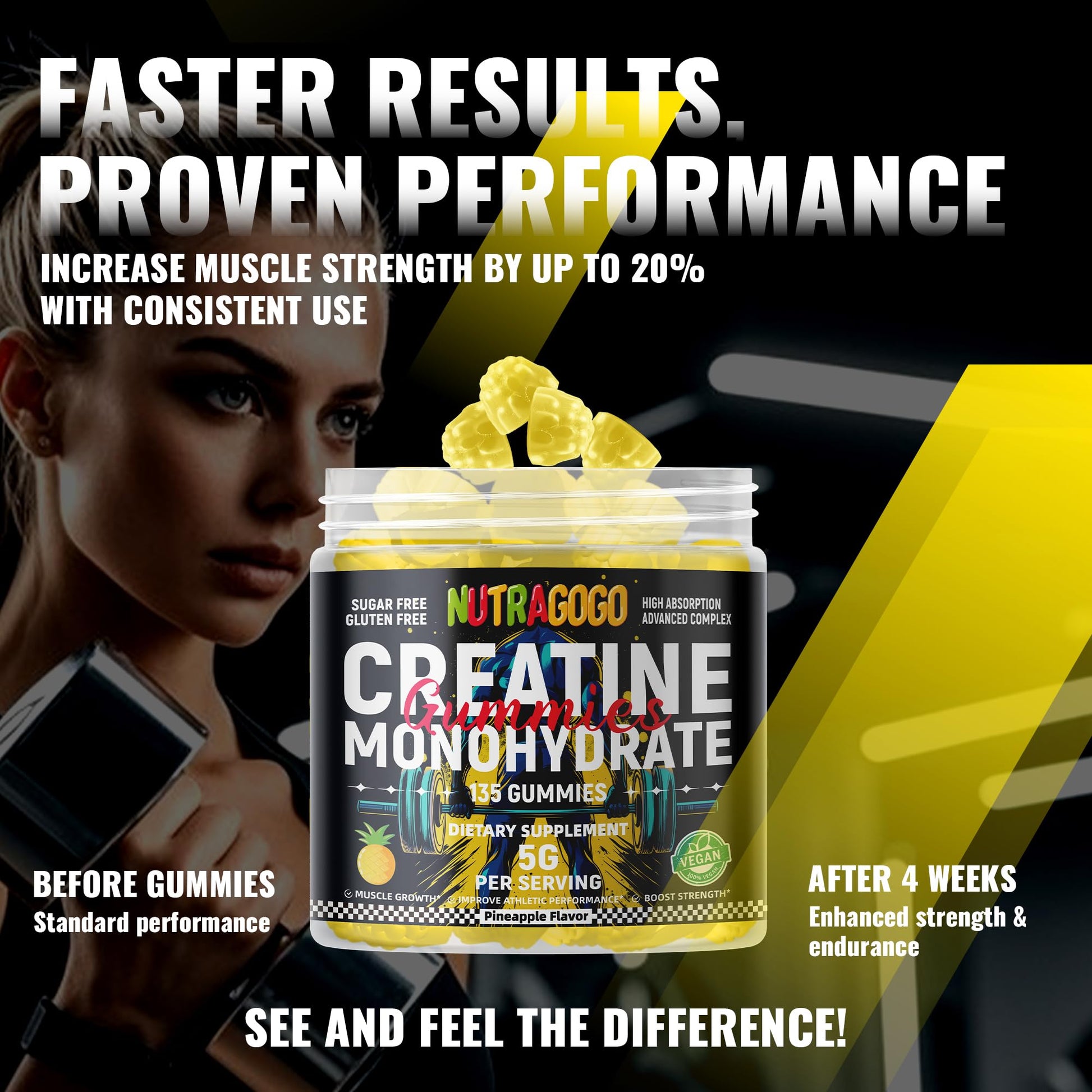 NUTRAGOGO NSF Certified Creatine Gummy - Creatine Monohydrate Gummies for Men & Women-5g of Creatine Monohydrate per Serving - Sugar Free,Vegan, Pineapple Electrolyte Chews, 135 Count NUTRAGOGO uk supplements