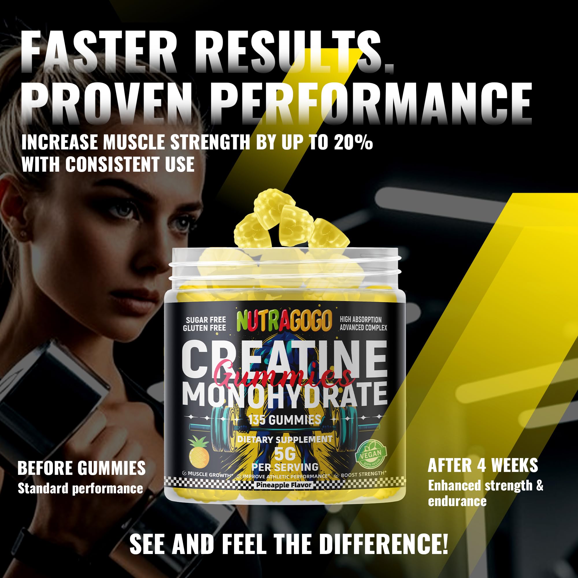 NUTRAGOGO NSF Certified Creatine Gummy - Creatine Monohydrate Gummies for Men & Women-5g of Creatine Monohydrate per Serving - Sugar Free,Vegan, Pineapple Electrolyte Chews, 135 Count NUTRAGOGO uk supplements