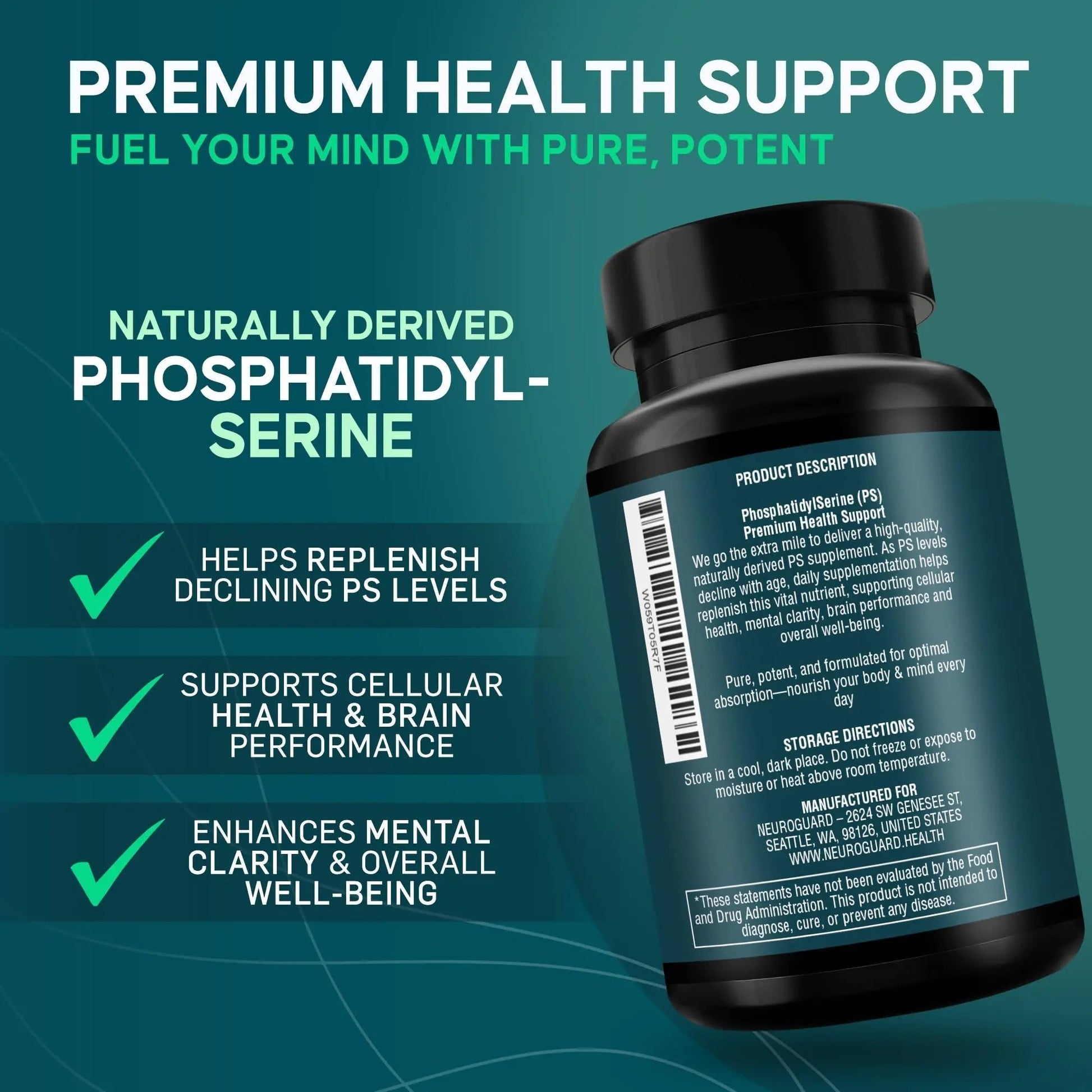 Phosphatidylserine Supplement – Premium Nootropic for Brain Health, Memory, Focus & Stress Support – 300mg Sunflower Lecithin NeuroGuard uk supplements