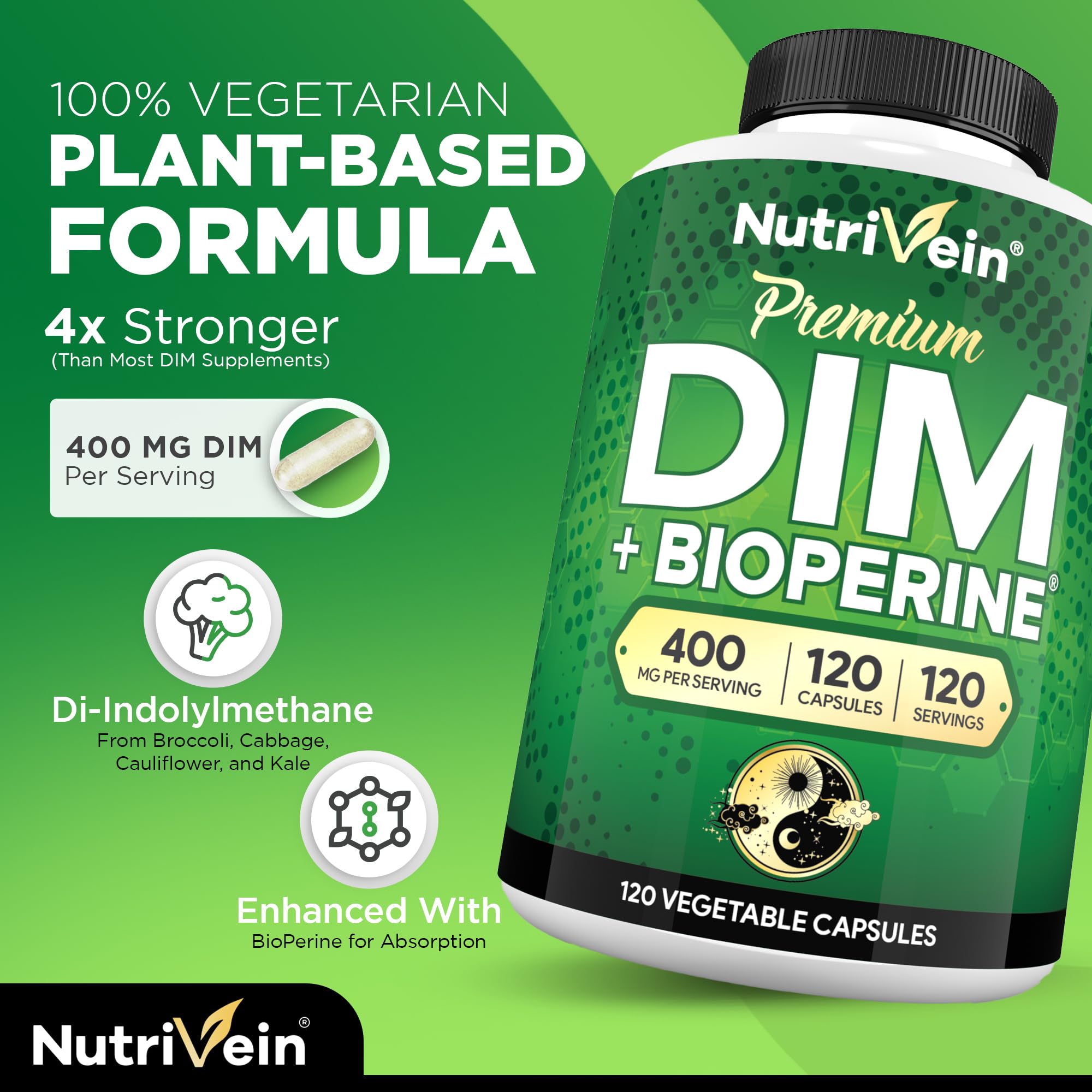 Nutrivein Premium DIM Supplement 400 mg Daily - 120 Servings (120 Capsules): Diindolylmethane for Women and Men - Plus Bioperine - Estrogen Supplement - Menopause and Middle Age Support Nutrivein uk supplements