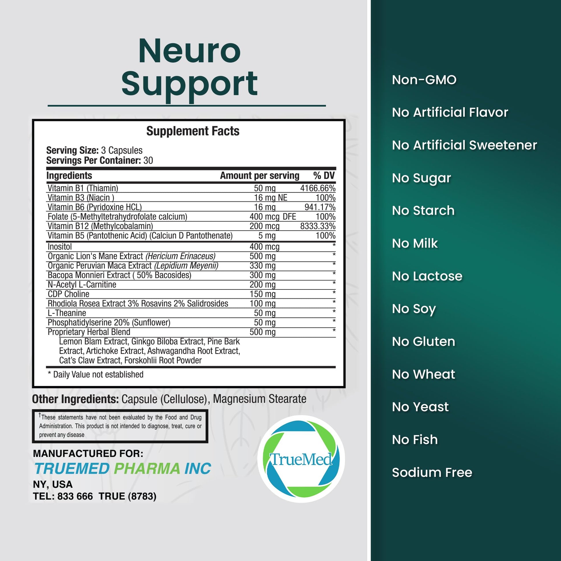 TrueMed Neuro Support - Premium Nootropic Supplement for Focus, Energy, Mental Clarity, and Performance Organic Lion’s Mane, Bacopa Monnieri, Rhodiola, Non-GMO Gluten-Free CDP Choline 90 Veg Capsules TRUEMED uk supplements
