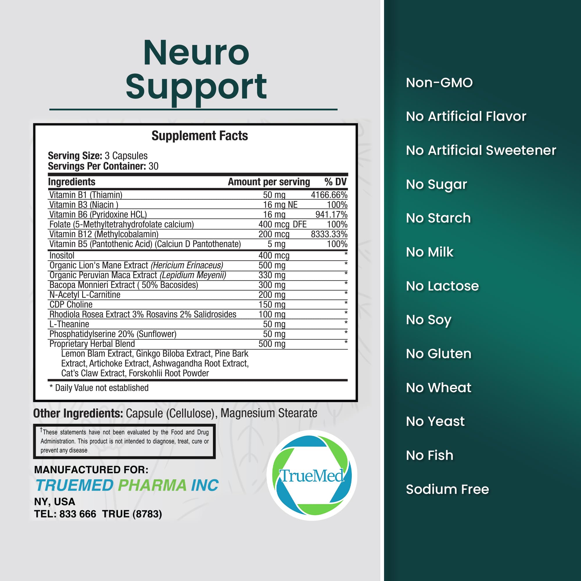 TrueMed Neuro Support - Premium Nootropic Supplement for Focus, Energy, Mental Clarity, and Performance Organic Lion’s Mane, Bacopa Monnieri, Rhodiola, Non-GMO Gluten-Free CDP Choline 90 Veg Capsules TRUEMED uk supplements