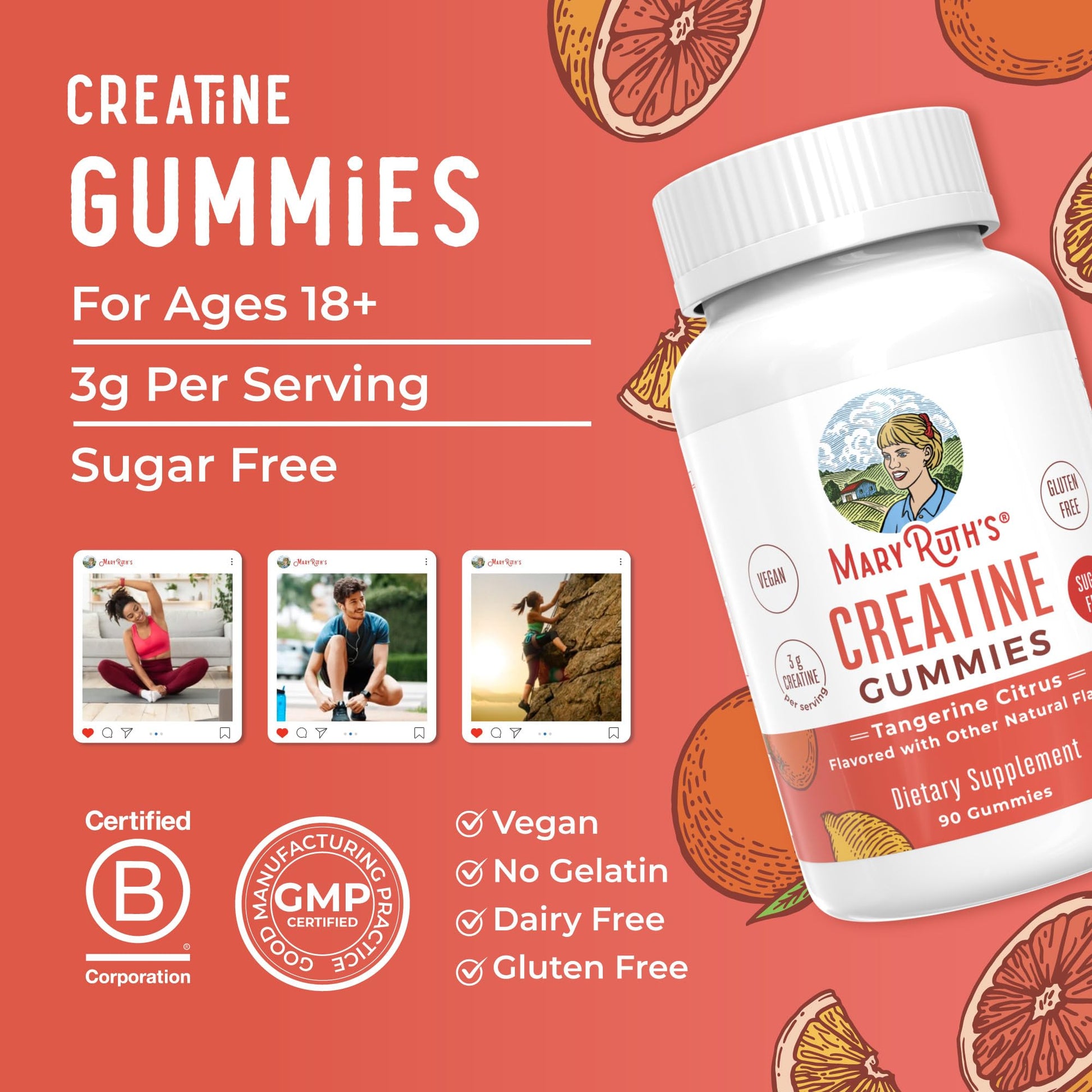 MaryRuth's Creatine Gummies | Creatine Monohydrate Gummies | 3g Creatine Per Serving | Creatine for Women & Men | Tangerine Citrus Flavor | Exercise | Workout | Sugar Free | Vegan | 90 Count MARYRUTH'S uk supplements