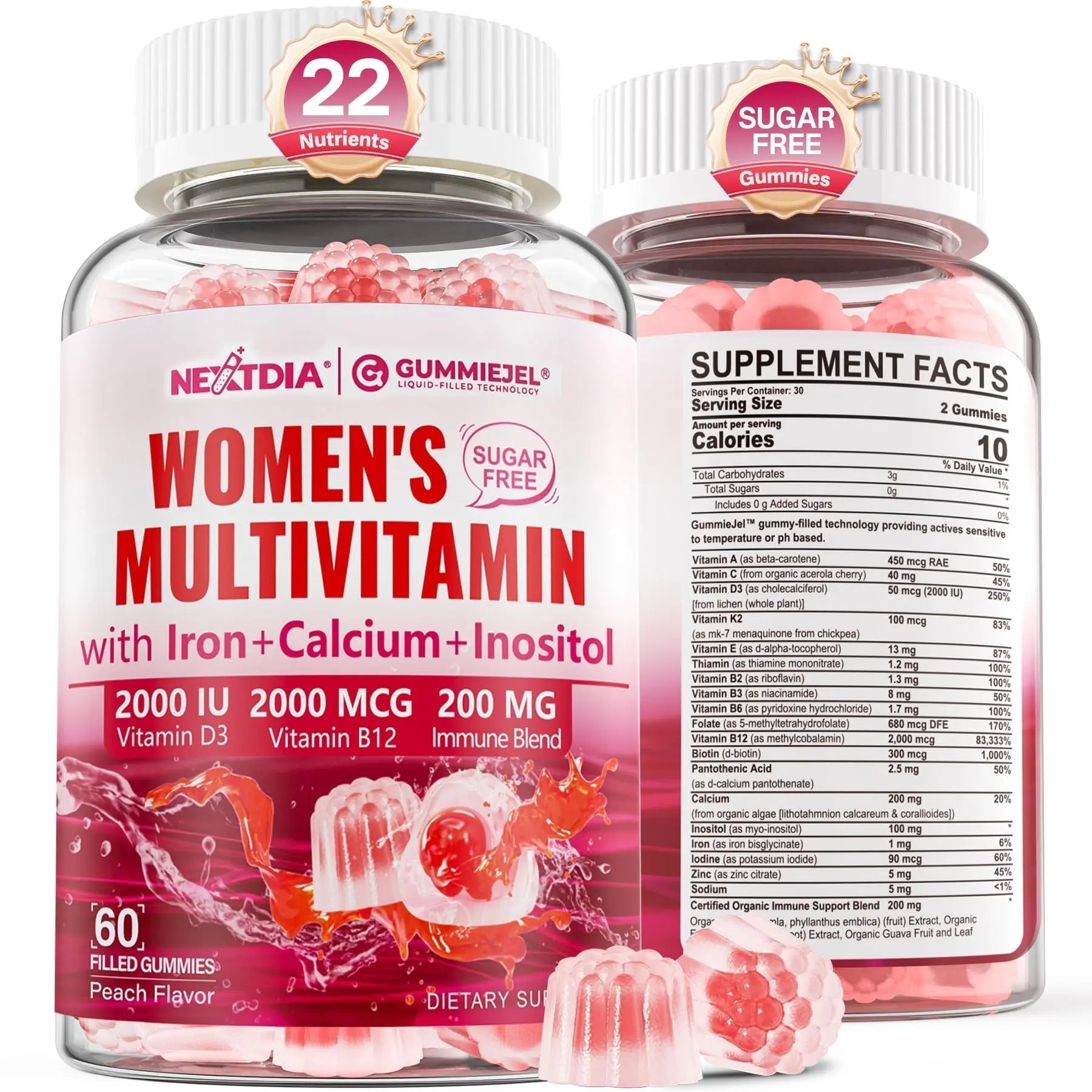 Methylated Multivitamin for Women Gummies, Calcium, D3 K2, Methylfolate & B12, Inositol, Daily Vitamin A, C, E, B Complex, Biotin, Iron Nextdia uk supplements