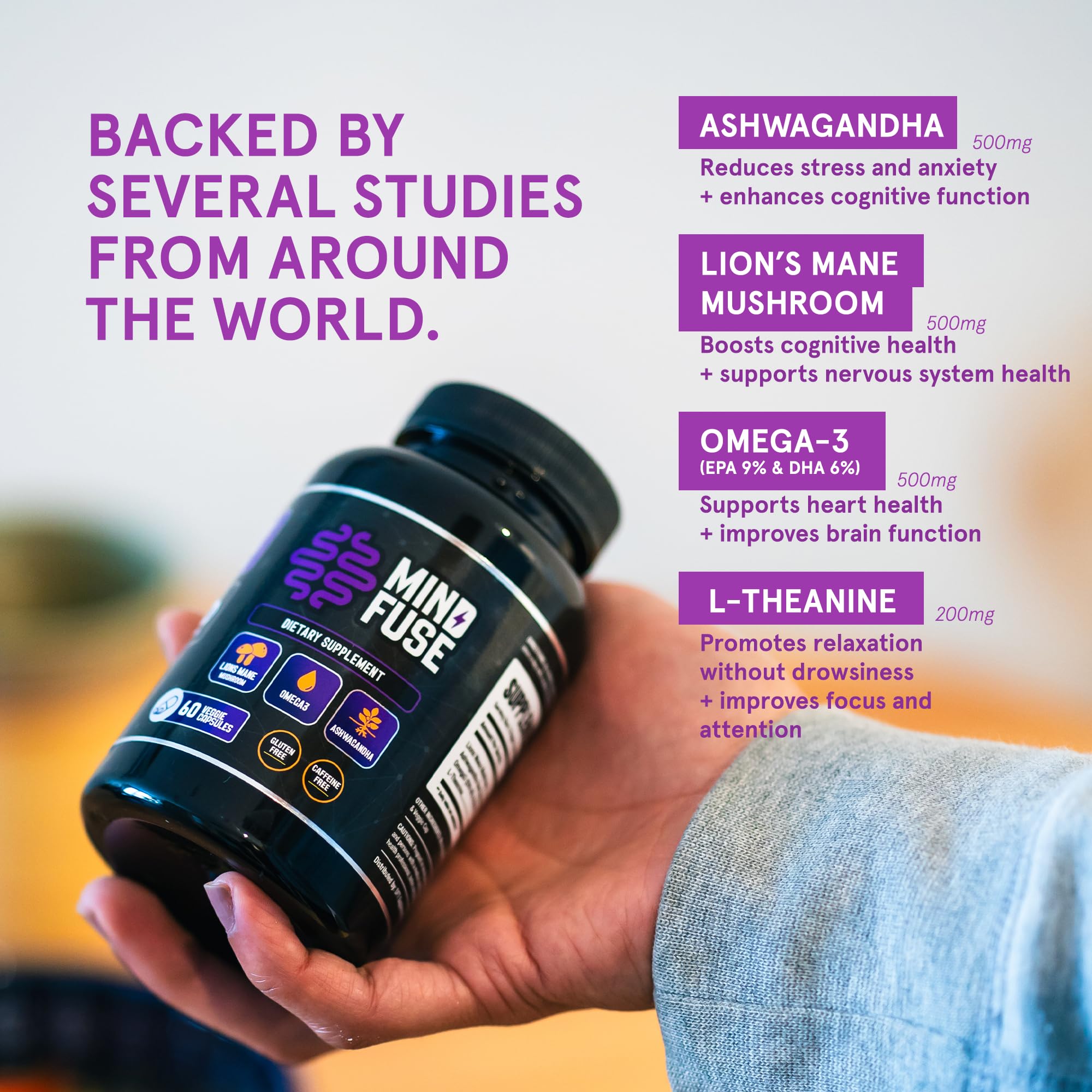 Nootropic Memory Booster Supplement for Adults - Lion’s Mane Capsules with Omega-3, Ashwagandha & L-Theanine for Focus & Memory - Gluten-Free 60 Capsules Mind Fuse uk supplements