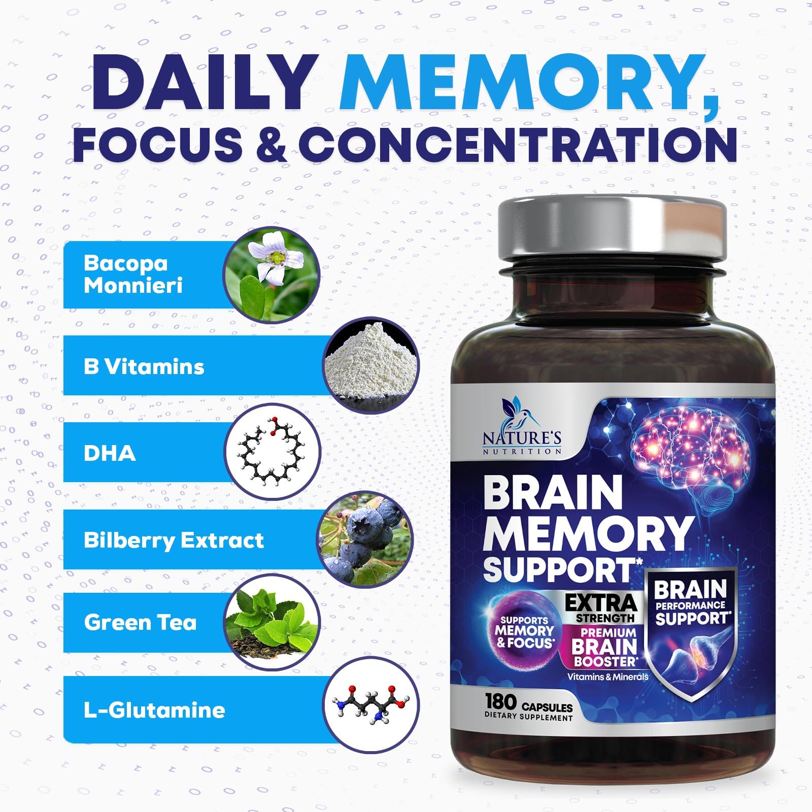 Brain Memory Supplement Pills - 3X Strength Nootropics for Concentration, Clarity & Focus Support - Brain Health Cognitive Vitamins with Bacopa, Phosphatidylserine & DMAE, Brain Booster - 180 Capsules Nature's Nutrition uk supplements
