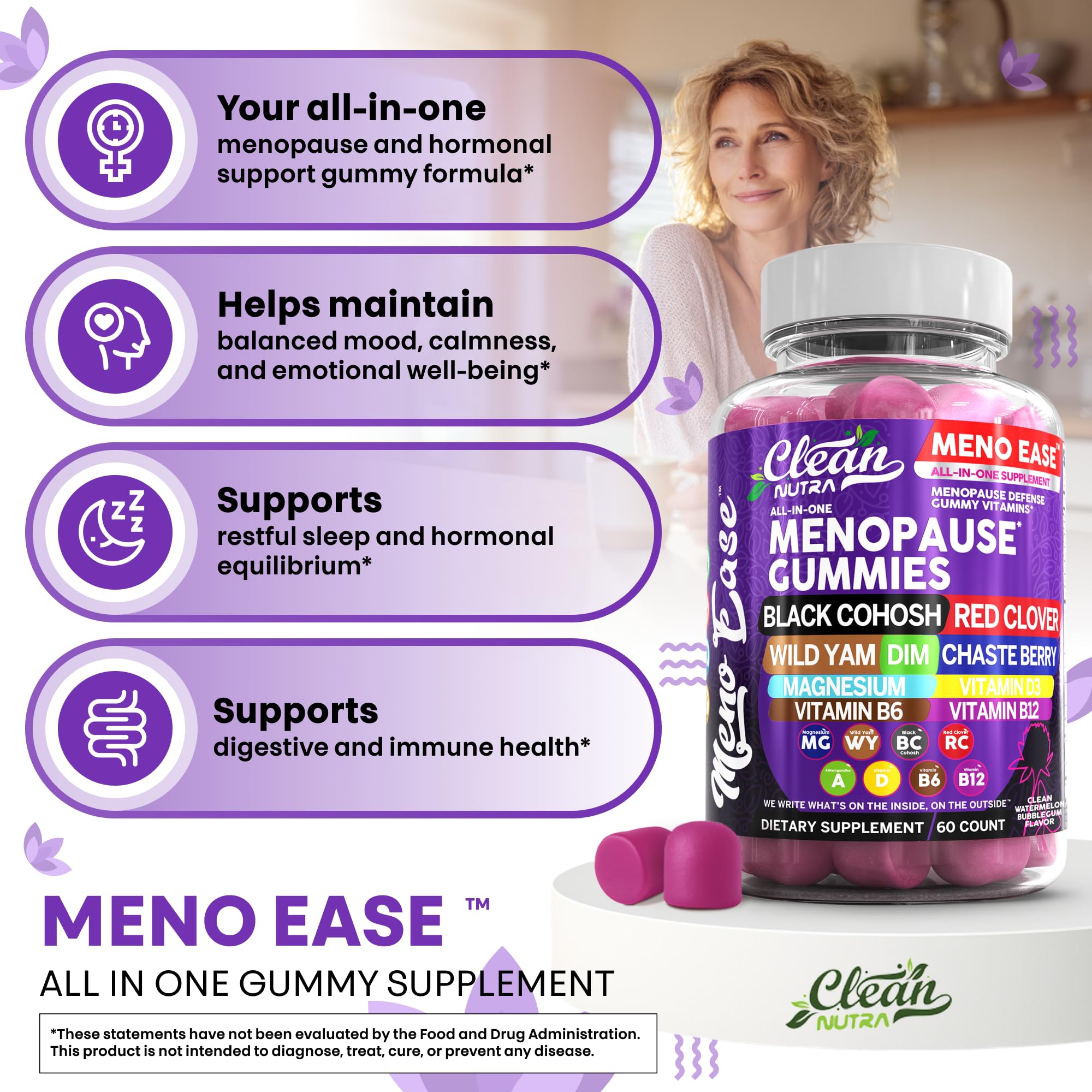 Menopause Supplement for Women Gummies with Black Cohosh, Wild Yam, DIM, Magnesium, Red Clover Chasteberry for Hormone Balance Relief Night Sweats Mood Plus Bergamot, Vitamin D3, Vitamin B6 B12 Clean Nutraceuticals uk supplements