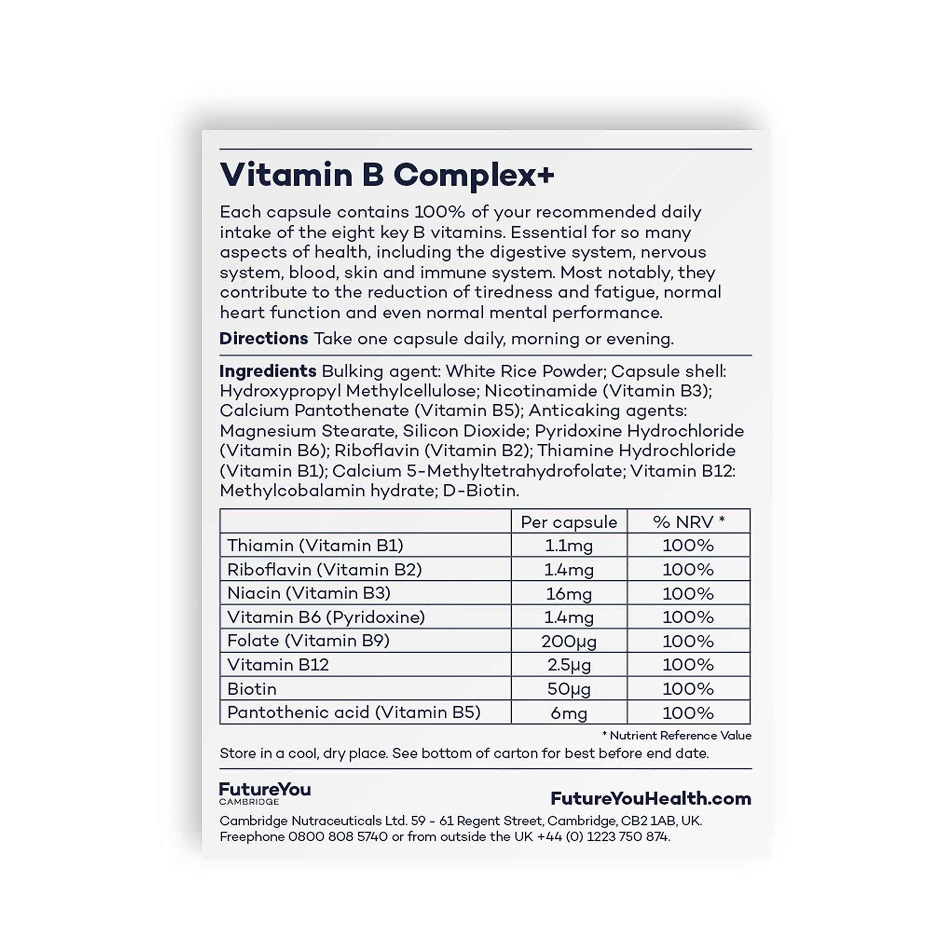Vitamin B Complex+ Supplements – 8 Key B Vitamins for Optimal Cell Health – Energy Capsules FutureYou Cambridge uk supplements