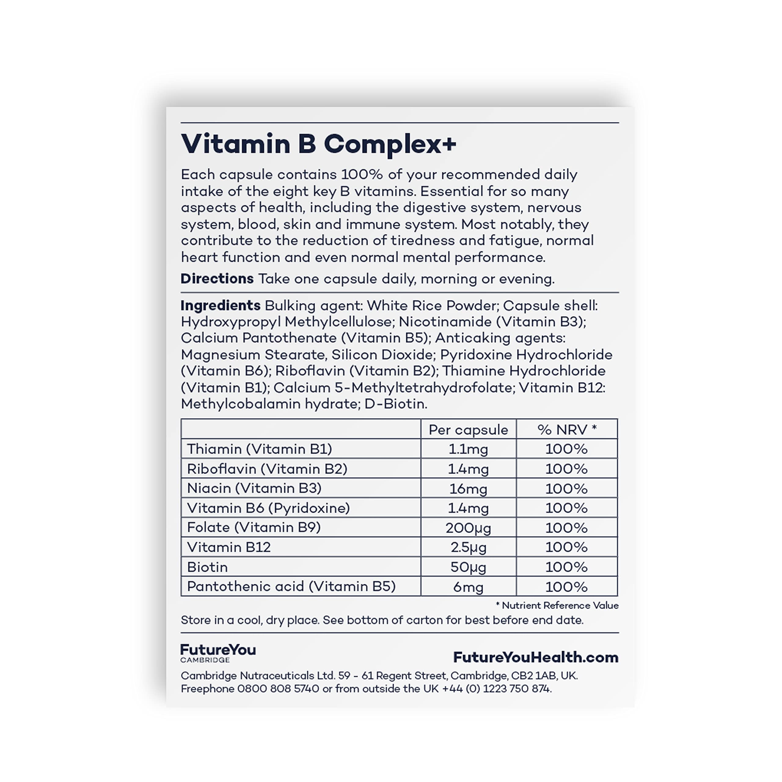 Vitamin B Complex+ Supplements – 8 Key B Vitamins for Optimal Cell Health – Energy Capsules FutureYou Cambridge uk supplements