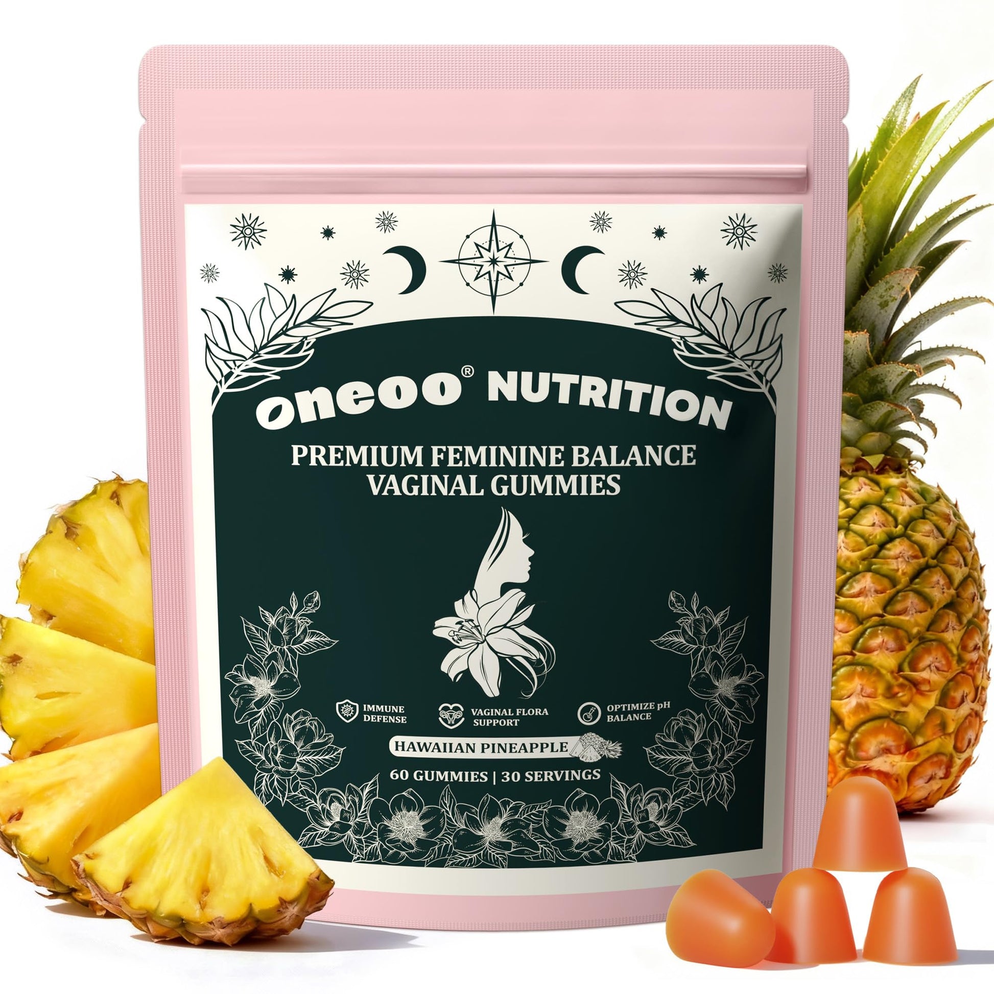 Oneoo Feminine Balance Gummies - Premium Balance Gummies for Women's pH Health, Feminine Gummy for Immune & Energy Support, Vegan, Gluten-Free, Hawaiian Pineapple, 60 Count Oneoo uk supplements
