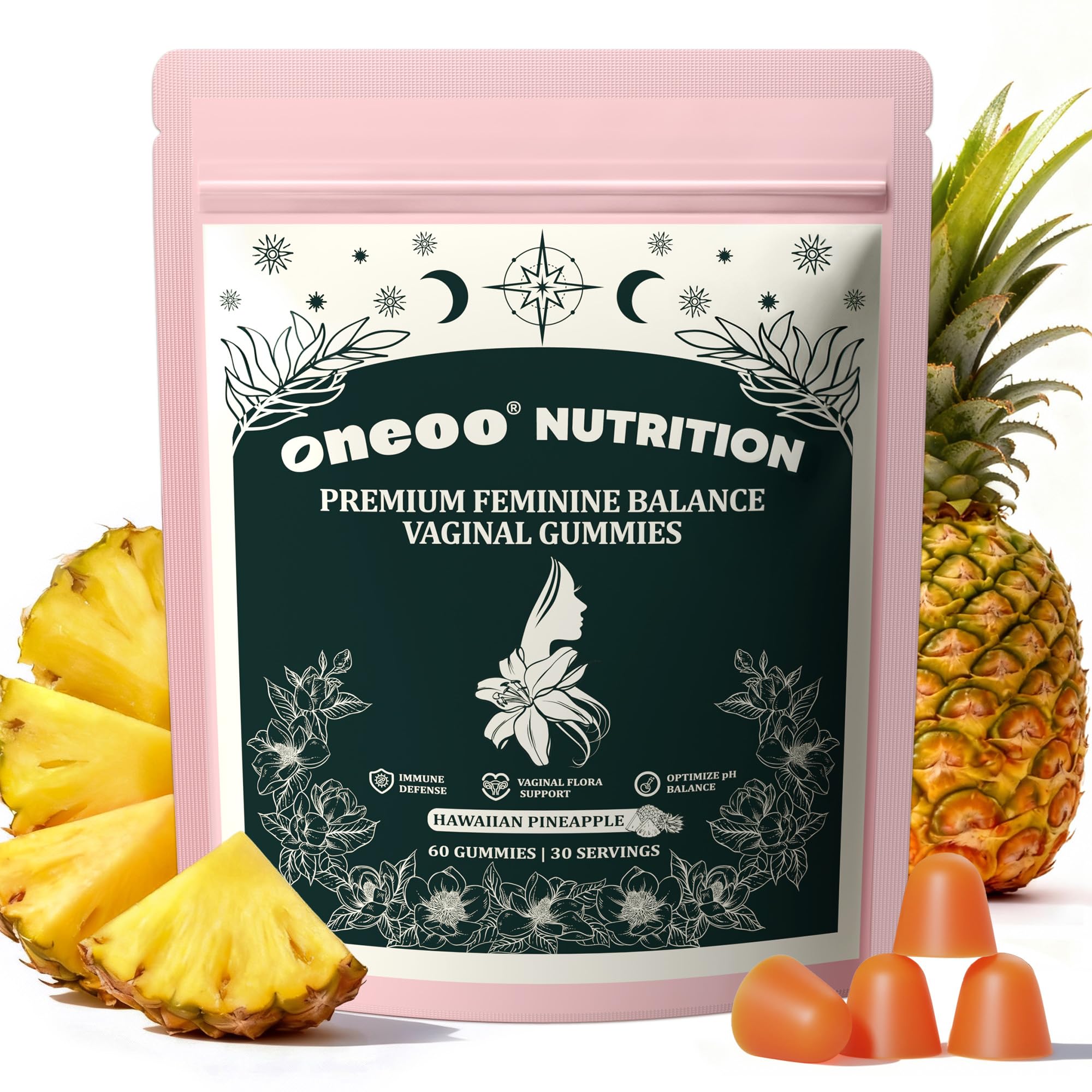 Oneoo Feminine Balance Gummies - Premium Balance Gummies for Women's pH Health, Feminine Gummy for Immune & Energy Support, Vegan, Gluten-Free, Hawaiian Pineapple, 60 Count Oneoo uk supplements