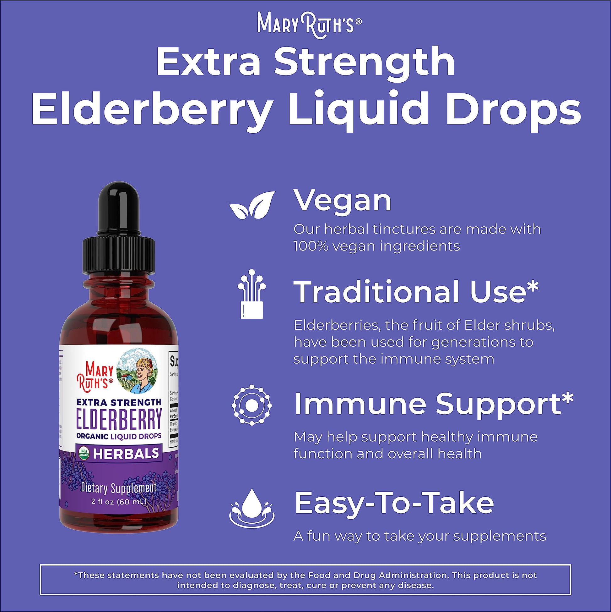 MaryRuth Organics Elderberry Syrup Extra Strength, USDA Organic Elderberry, Sugar Free Adults & Kids Immune Support Supplement for Ages 1+, Clean Label Project Verified®, Vegan, Gluten Free, 2 Fl Oz MARYRUTH'S uk supplements