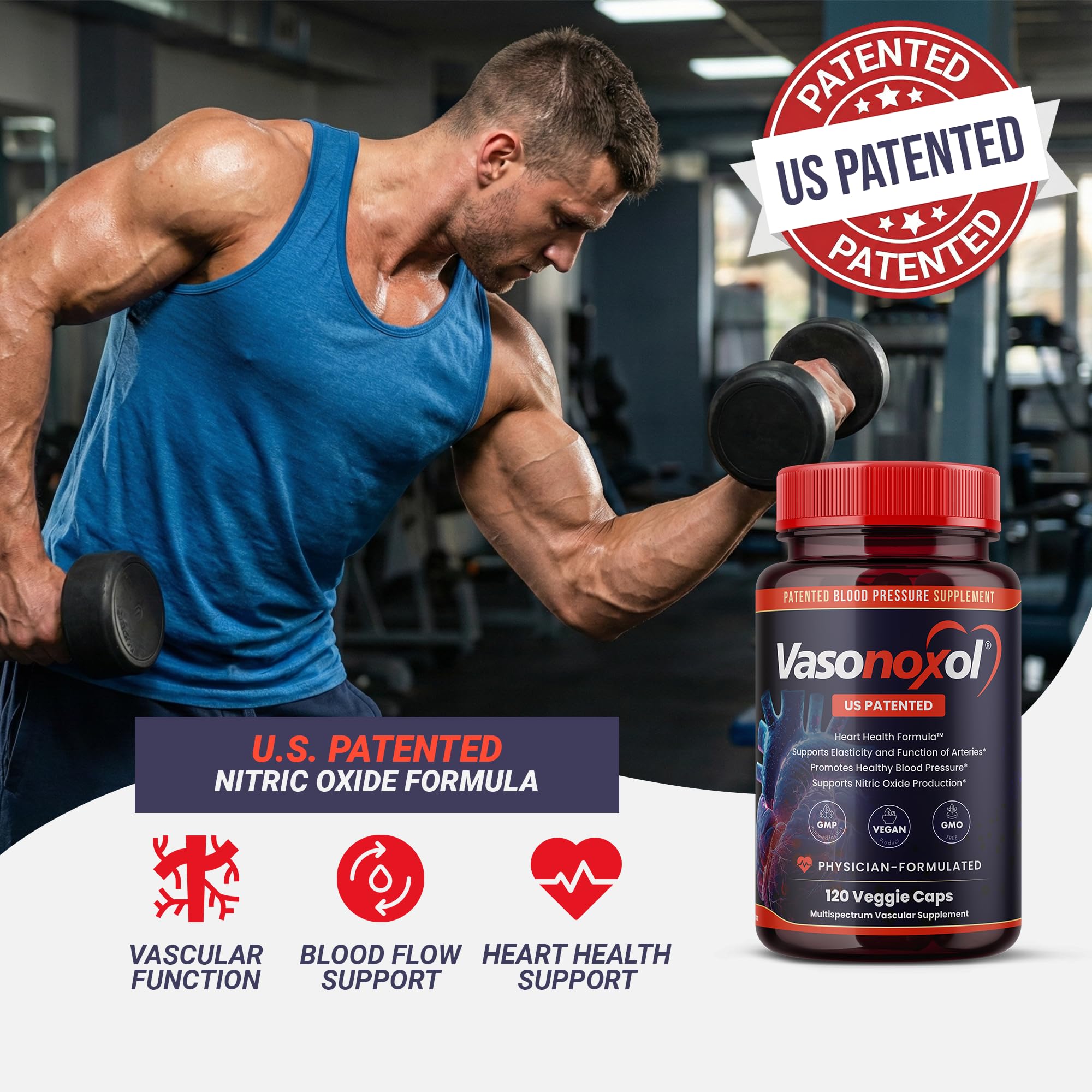 Vasonoxol U.S. Patented Nitric Oxide Supplement for Blood Pressure Support 2880mg - Physician Formulated Vascular Health Formula with L-Arginine & L-Citrulline - Vegan, Non-GMO (120 Capsules) Panoxol uk supplements