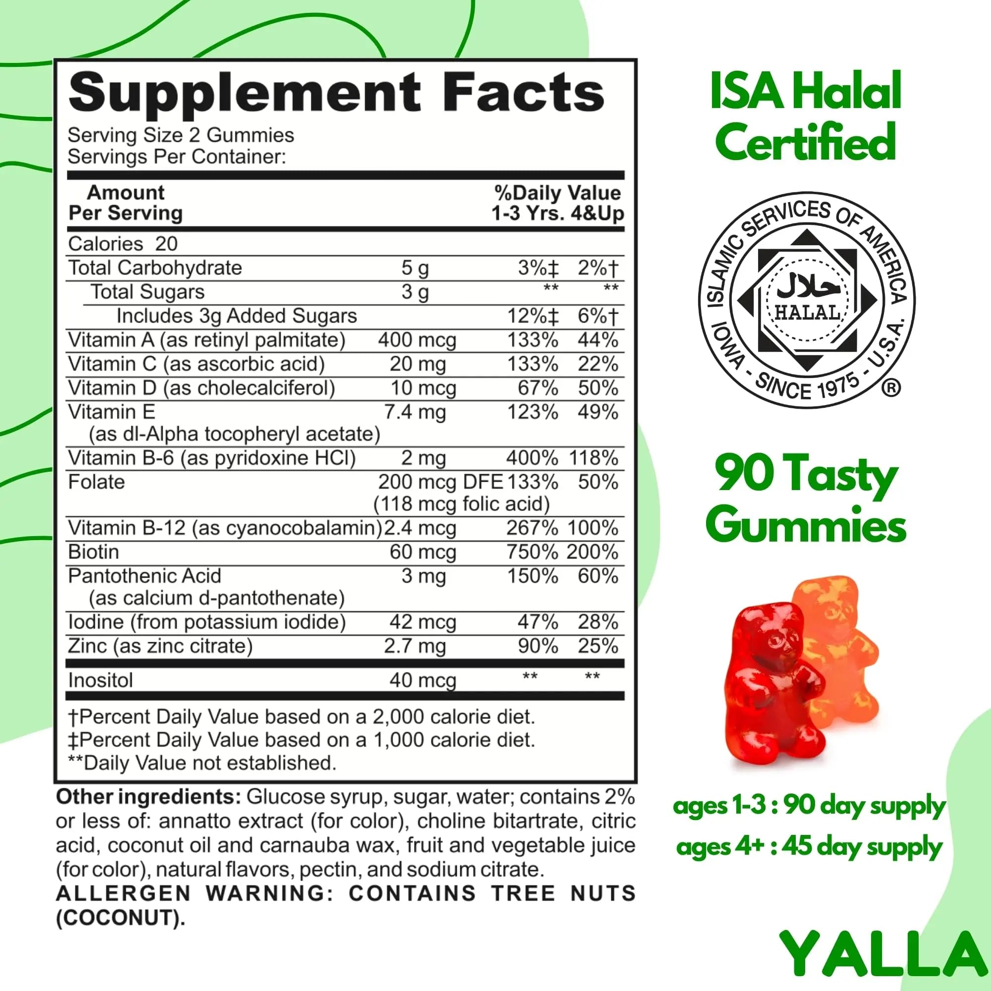 YALLA Halal Vitamins for Kids, Halal Kids Multivitamin Gummies, 45-90 Day Supply, Essential Vitamins with C, D3 YALLA uk supplements