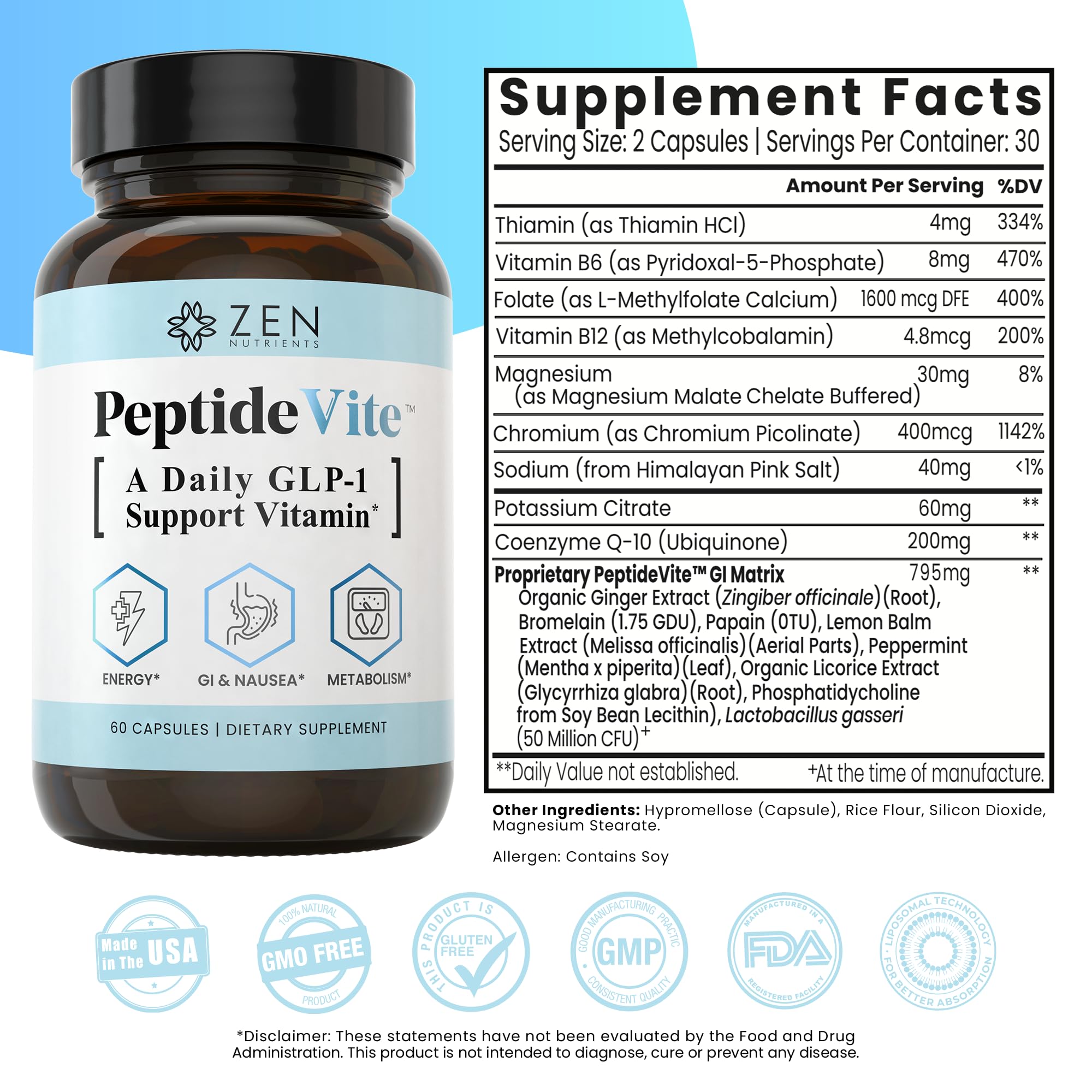 Zen Nutrients PeptideVite GLP-1 Support Vitamin for Gut Health with Probiotics, Bromelain, Chromium Picolinate & Organic Ginger (60 Capsules) Zen Nutrients uk supplements