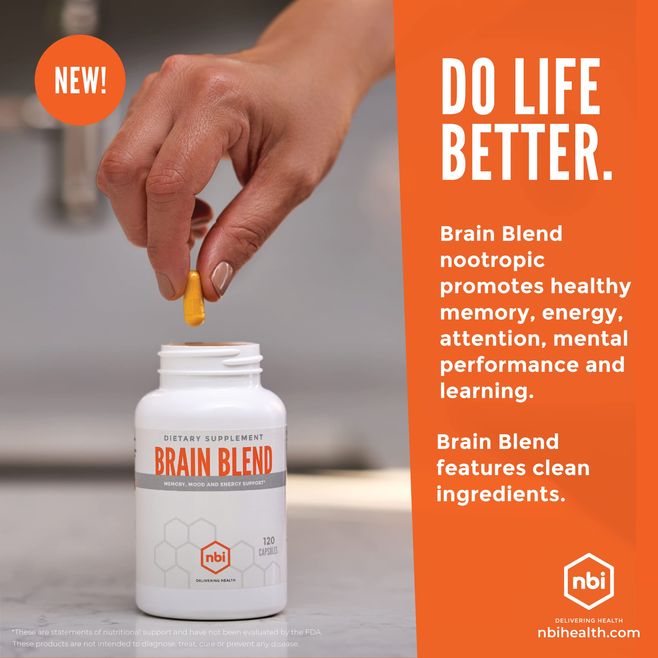 NBI Brain Blend for Memory, Focus, Concentration, Cognitive Function for Men & Women | Caffeine-Free with ALCAR, Alpha Lipoic Acid, Huperzine A, Turmeric | Nootropic | 120ct Capsules NBI uk supplements