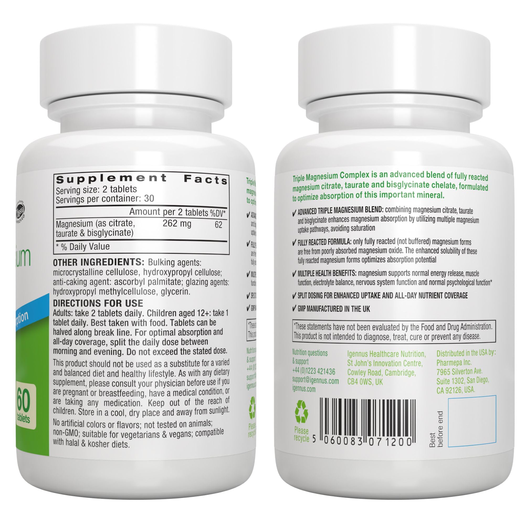 Igennus Superior Triple Magnesium Complex, Fully Reacted & Chelated Glycinate, Taurate & Citrate, Clean Label, High Bioavailability & Absorption, 60 Tablets, Vegan, Non-Buffered Igennus Healthcare Nutrition uk supplements