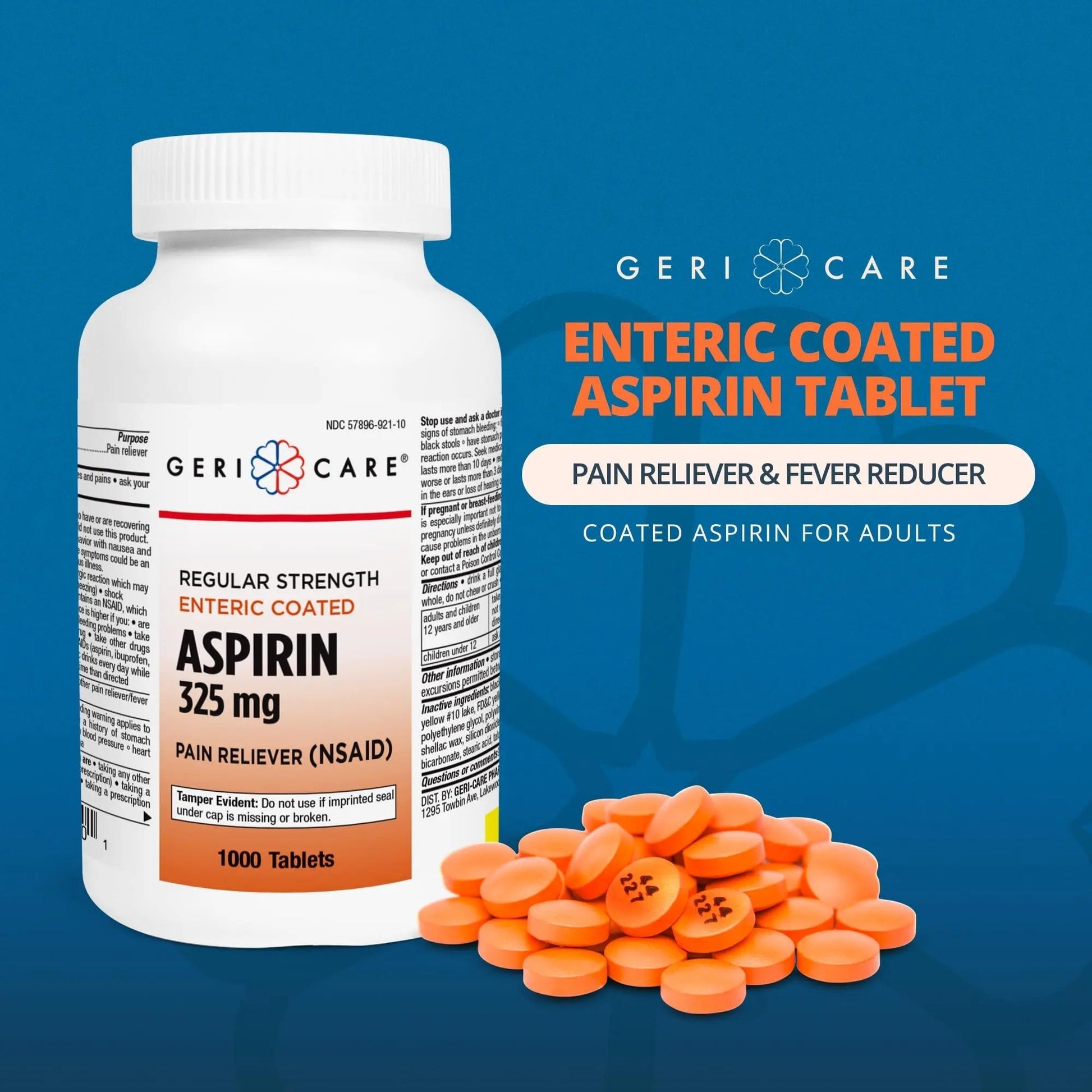 GeriCare Enteric Coated Aspirin Tablets 325mg (1000 Count) NSAID Pain Reliever & Fever Reducer for Adults- Regular Strength Aspirin for Headache Arthritis Menstrual & Muscle Pain GeriCare uk supplements