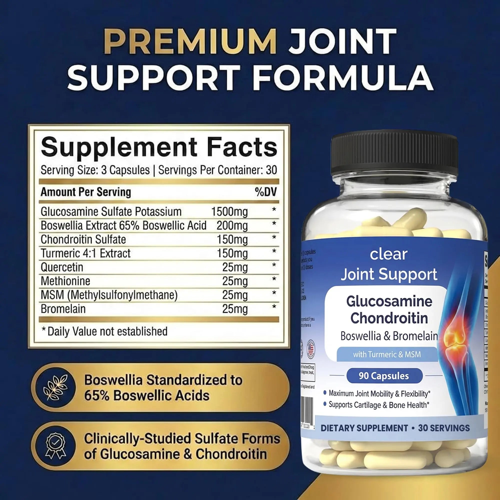 Glucosamine Chondroitin MSM with Turmeric & Boswellia 540 Capsules | 8-in-1 Joint Support Supplement for Flexibility & Mobility | Joint Supplement for Men & Women – Supports Back, Knees, Hips & Joints Clear Probiotics uk supplements