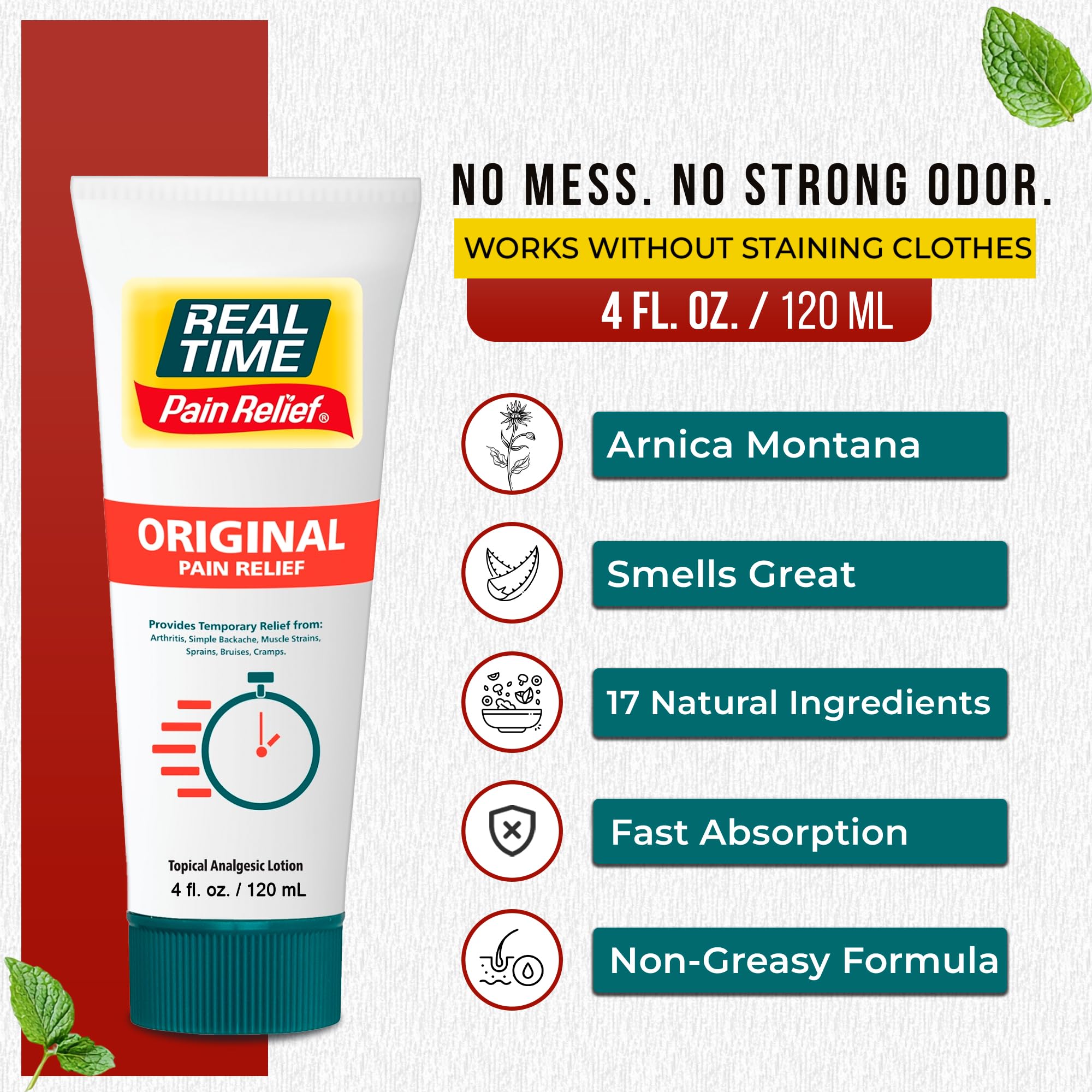 Real Time Pain Relief Cream 4oz Tube | 17 Natural Ingredients: 1.25% Menthol, Arnica & MSM | Muscle Strain & Joint Discomfort Relief for Arthritis, Cramps, Sprains, Bruises, Hands, Back & Knee Pain Real Time Pain Relief uk supplements
