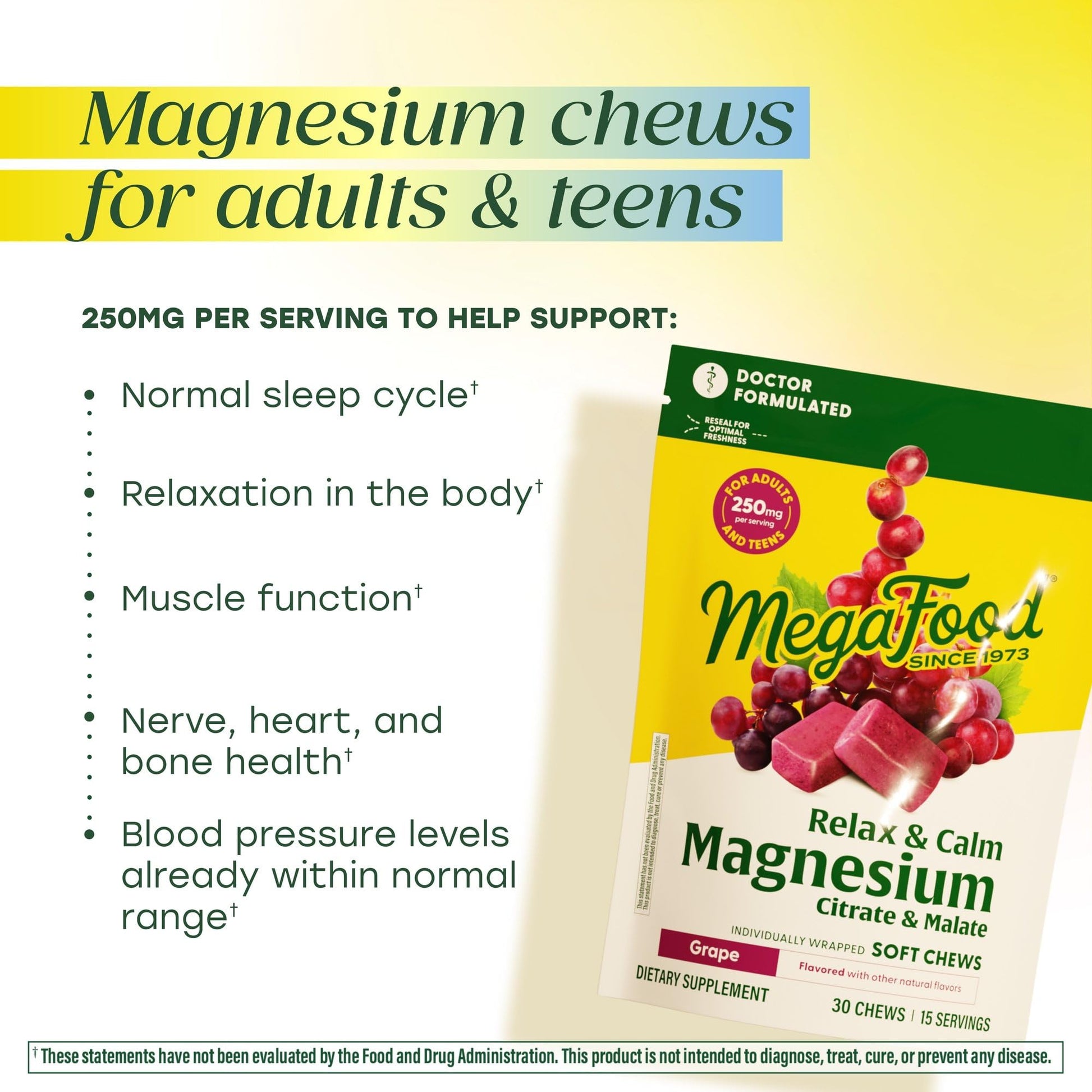 MegaFood Relax + Calm Magnesium Complex with Magnesium Citrate & Malate for Heart Health, Muscle Tension & More – Doctor Formulated - Vegetarian – Grape Flavor - 30 Soft Chews (15 Servings) MegaFood uk supplements