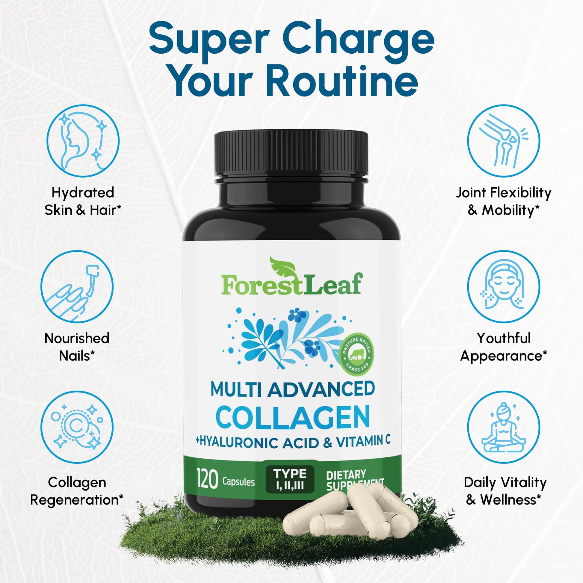 ForestLeaf Multi Collagen Pills with Hyaluronic Acid + Vitamin C | Hydrolyzed Collagen Supplements for Women or Men | Multi Collagen Capsules Peptides for Skin, Wrinkles, 120 Caps ForestLeaf uk supplements